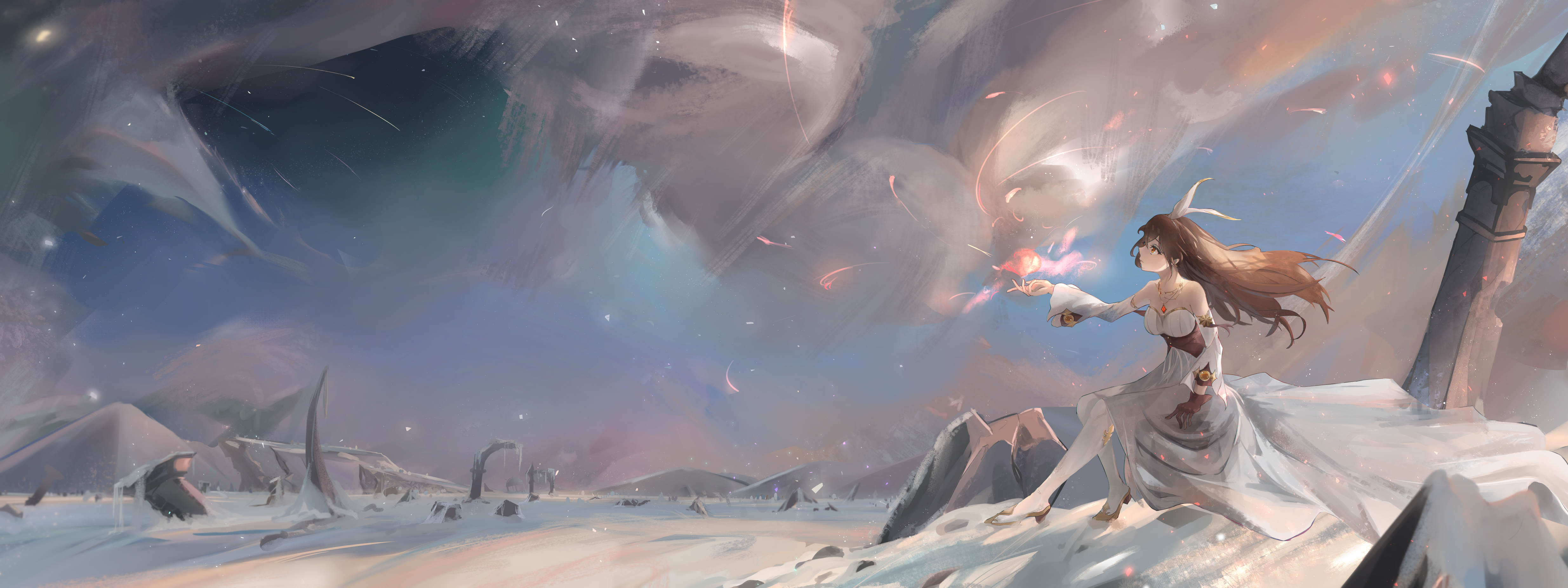 Amber from Genshin Impact in a snowy landscape HD Wallpaper
