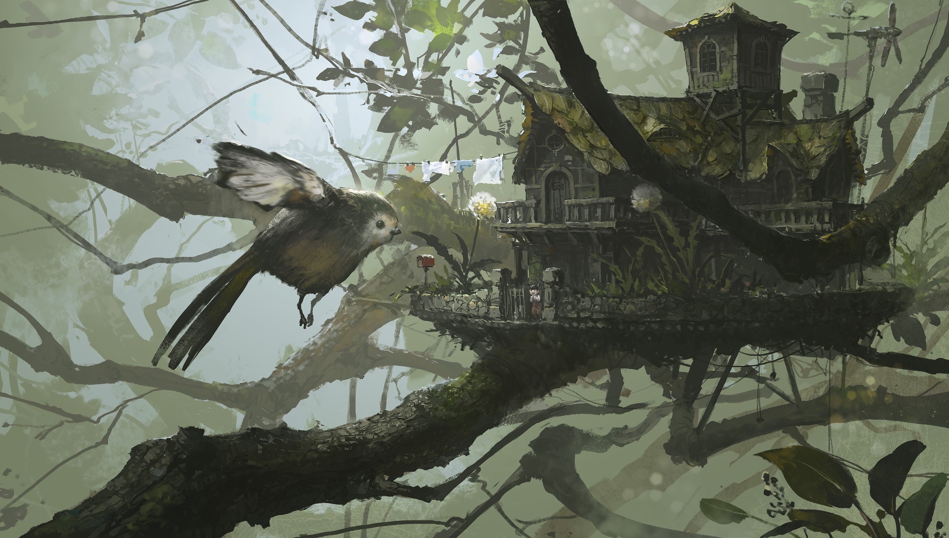 Miniature tree house with bird and laundry HD Wallpaper