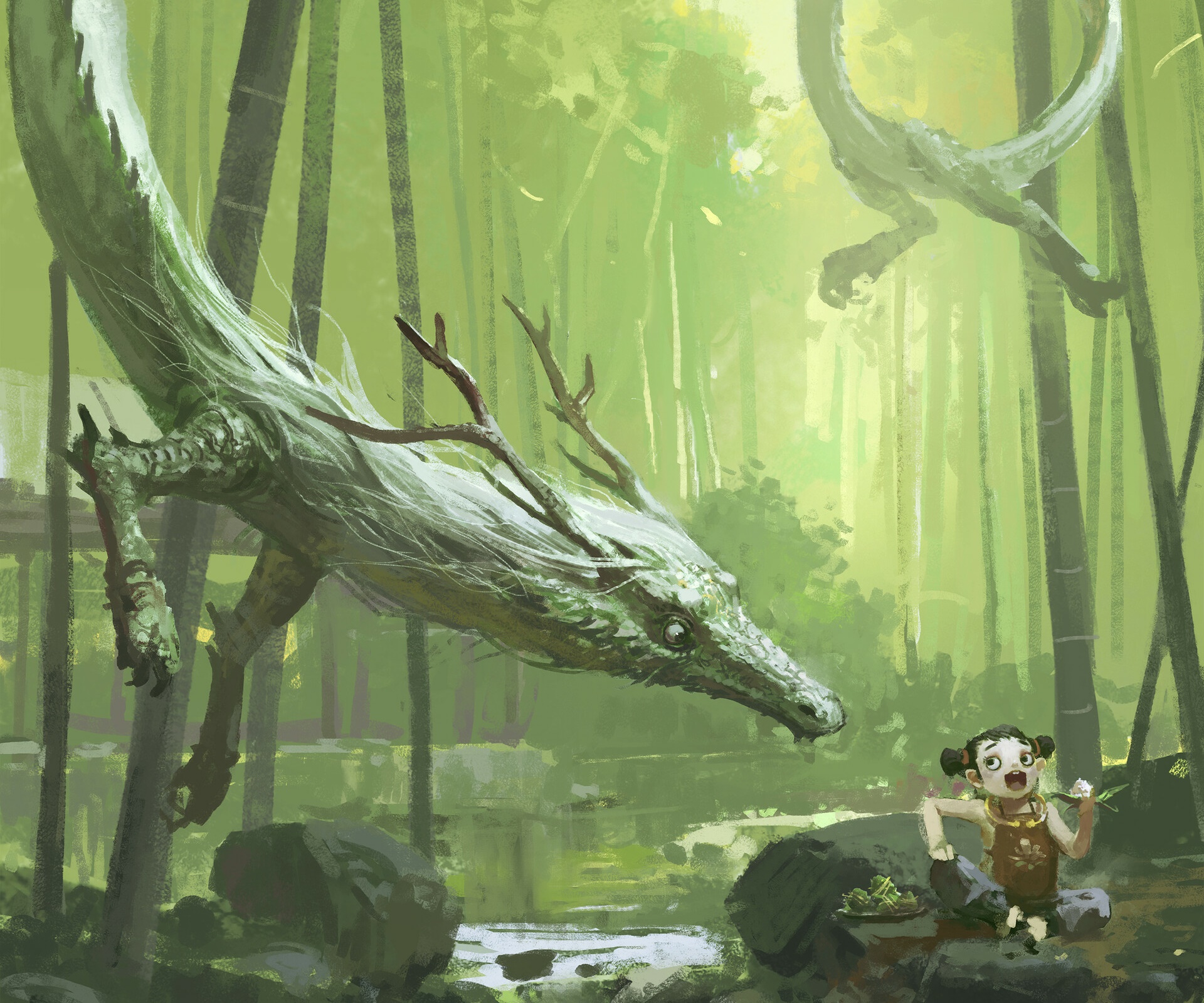 Green Chinese Dragon and Child in Bamboo Forest HD Wallpaper