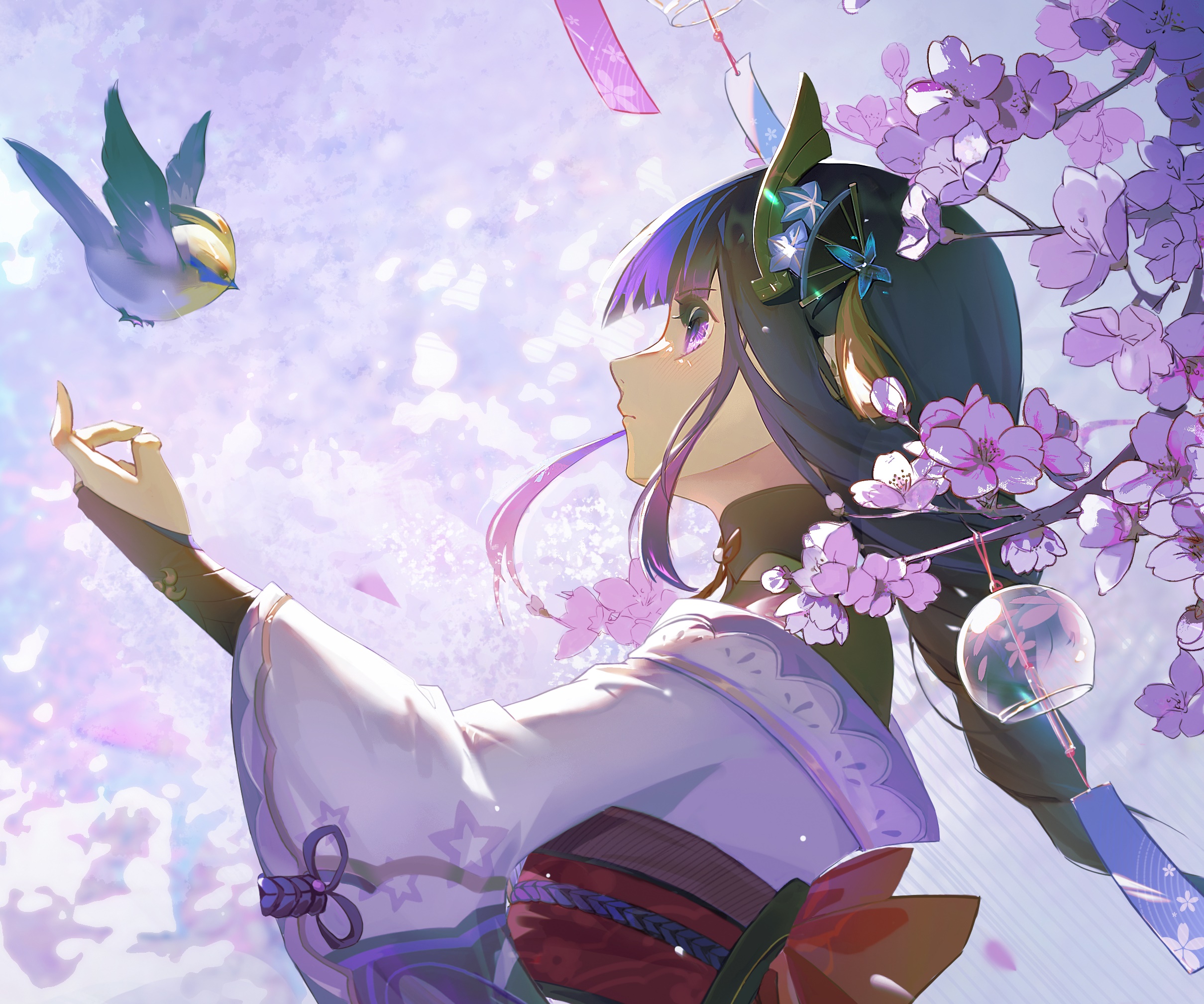 Raiden Shogun from Genshin Impact with a bird and cherry blossoms HD Wallpaper