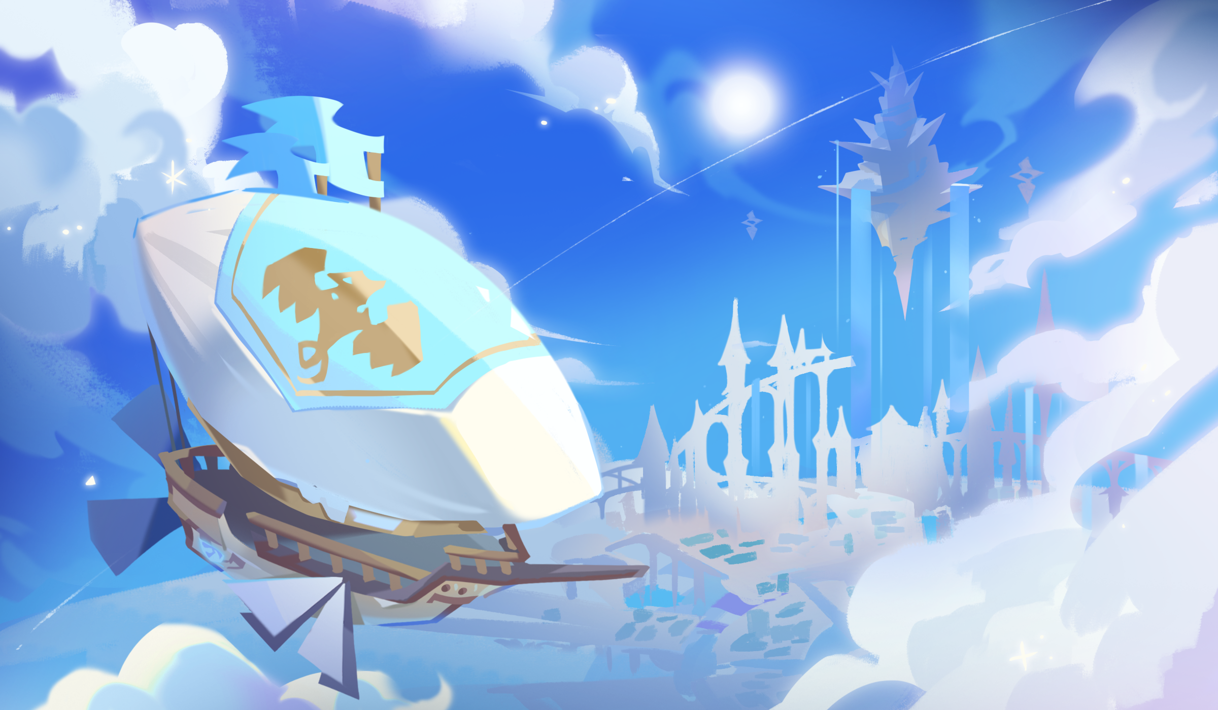 Airship flying over a fantasy city in Cookie Run: Kingdom HD Wallpaper