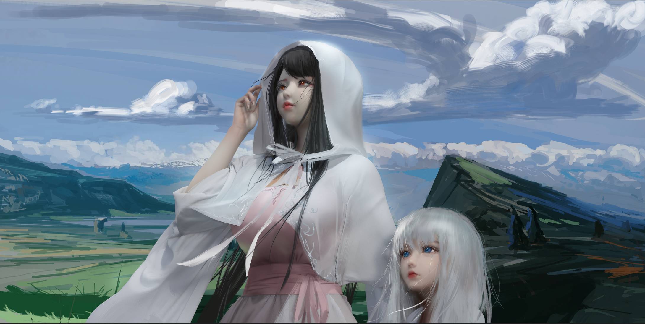 Two fantasy women in a landscape HD Wallpaper