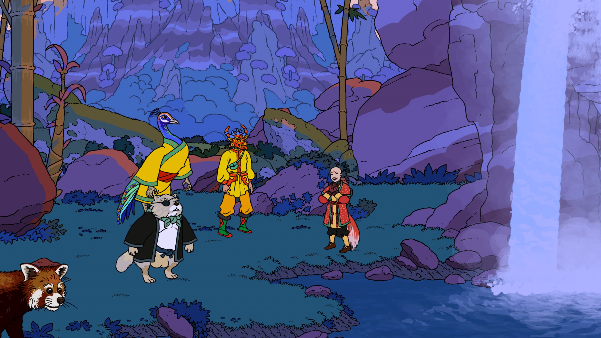 Curious Expedition 2 characters in a forest with waterfall HD Wallpaper