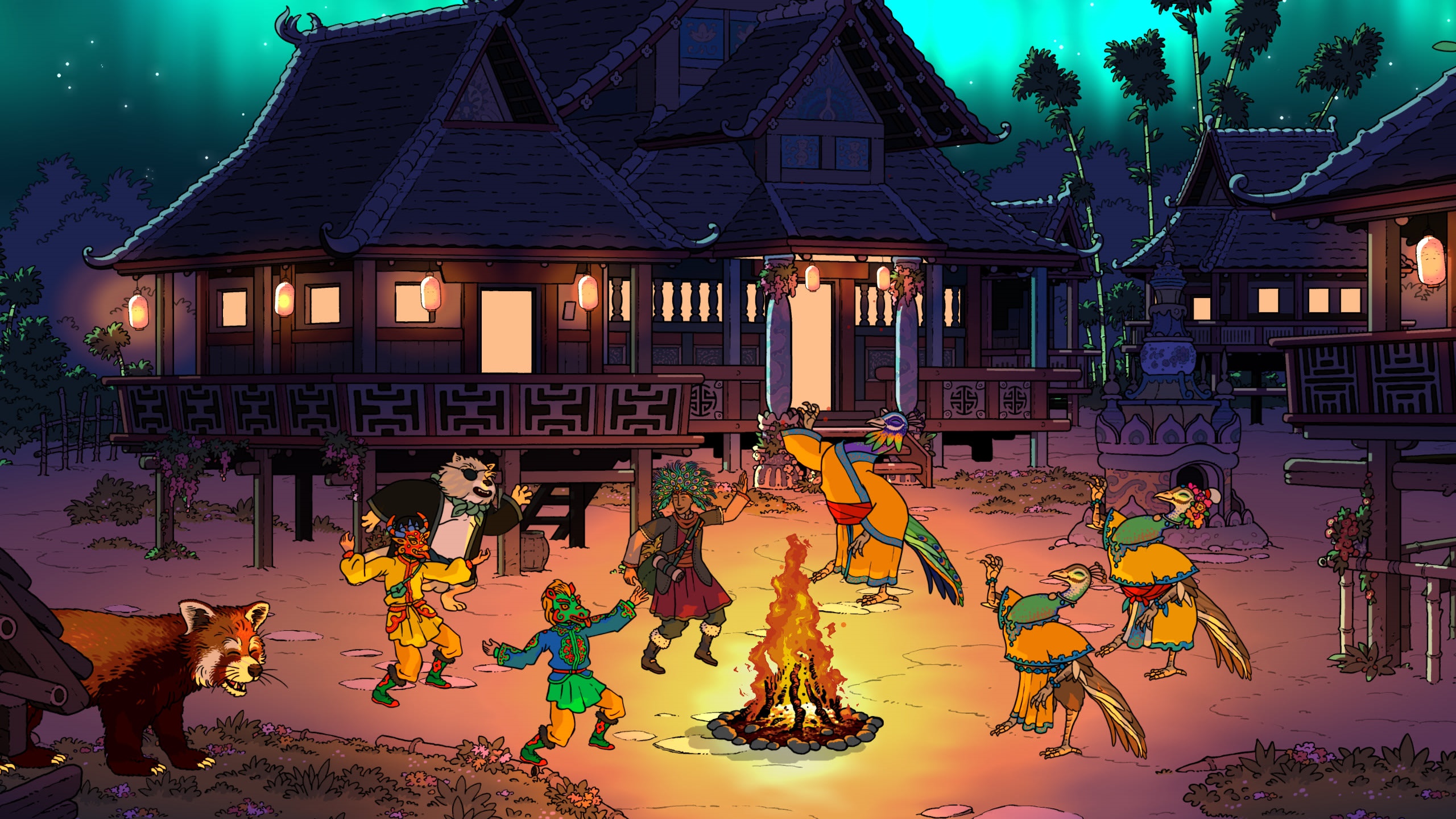 Curious Expedition 2 characters dancing around a campfire HD Wallpaper