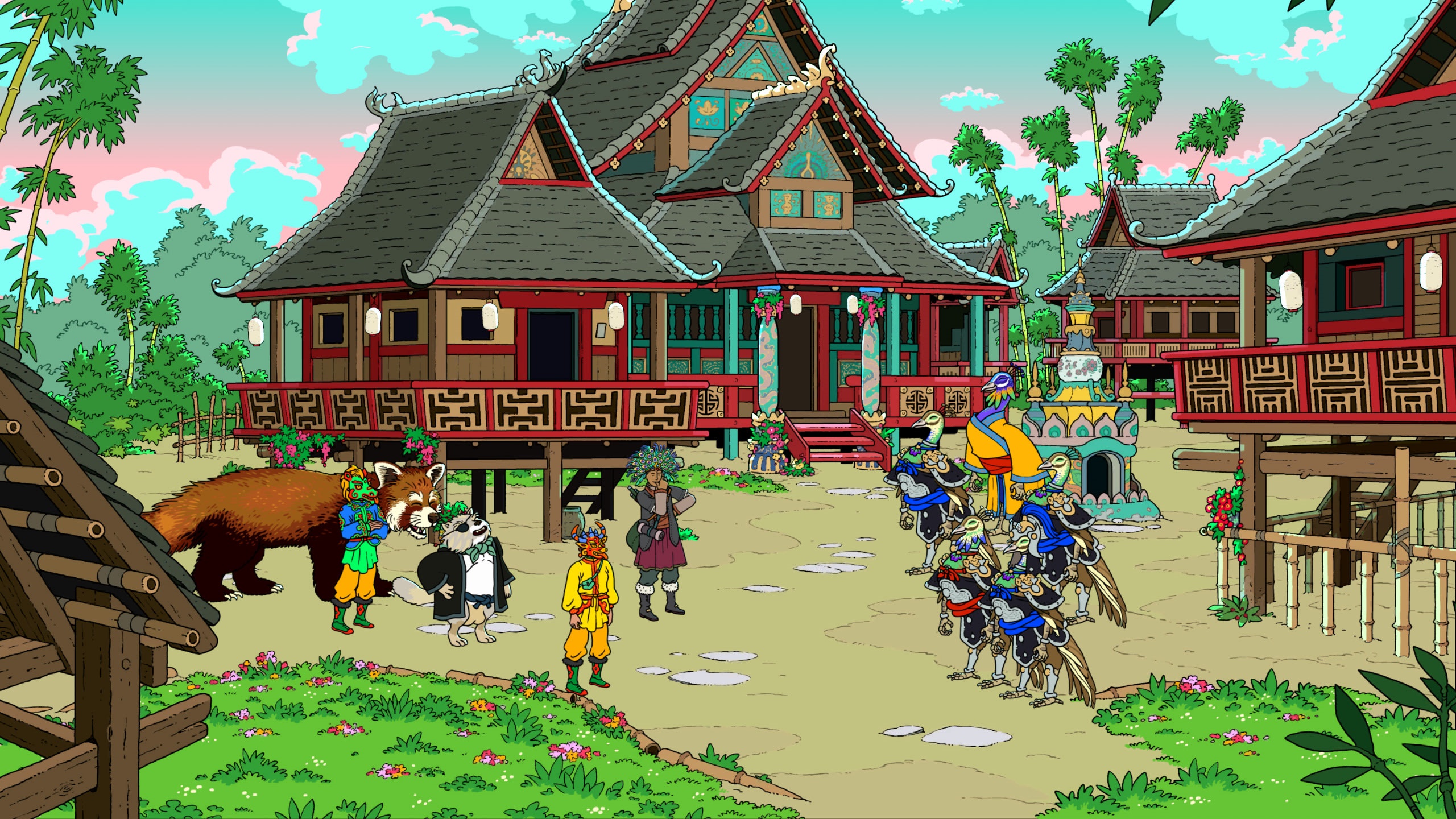 Curious Expedition 2 characters in a village HD Wallpaper