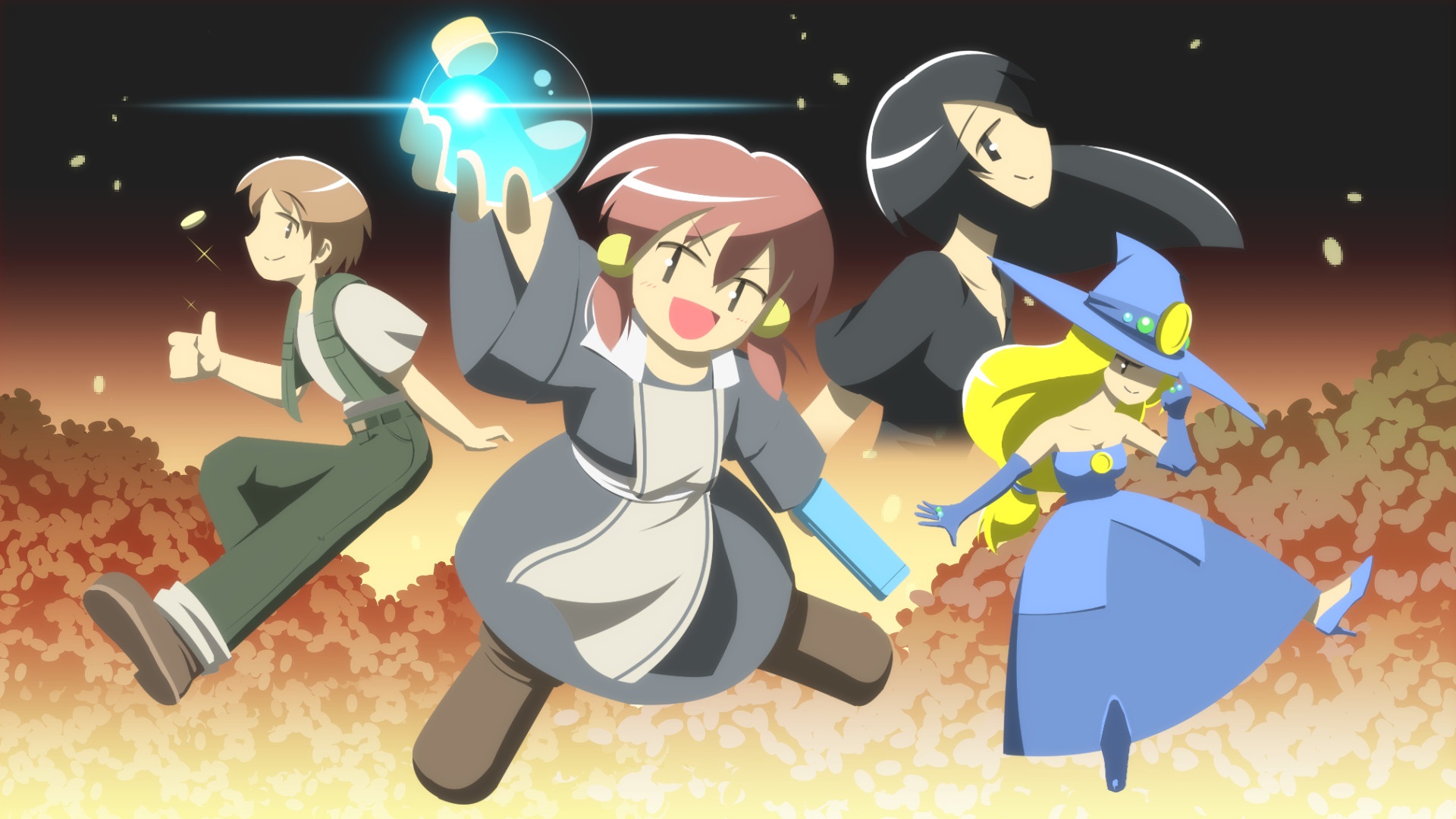 Characters with magic potion and witch hat HD Wallpaper