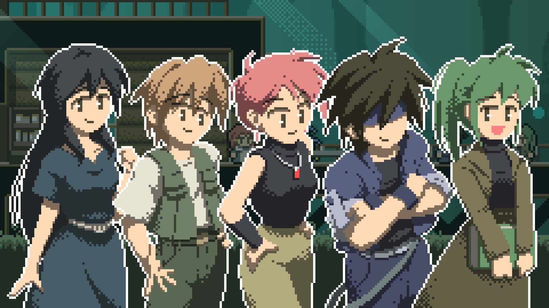Five characters in a pixel art style HD Wallpaper