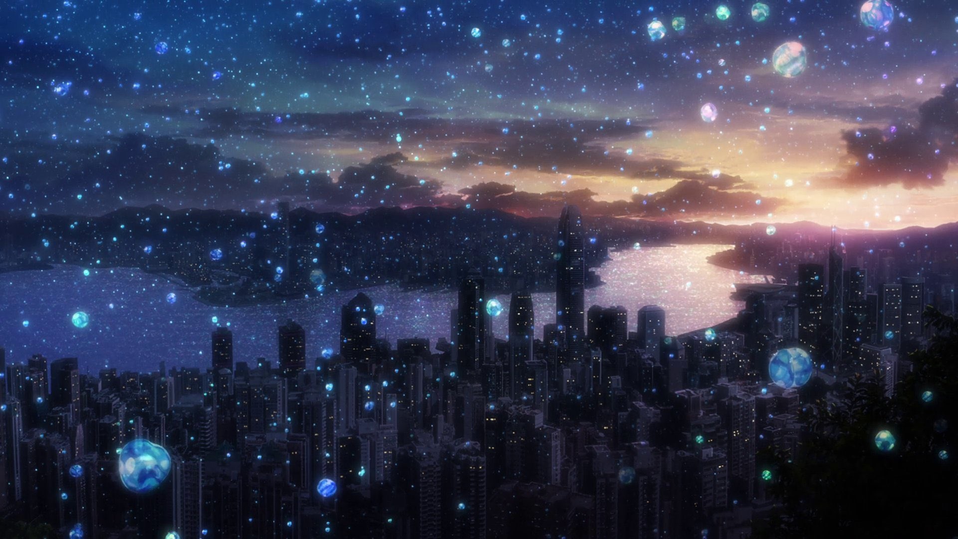 Cityscape with floating orbs at sunset HD Wallpaper