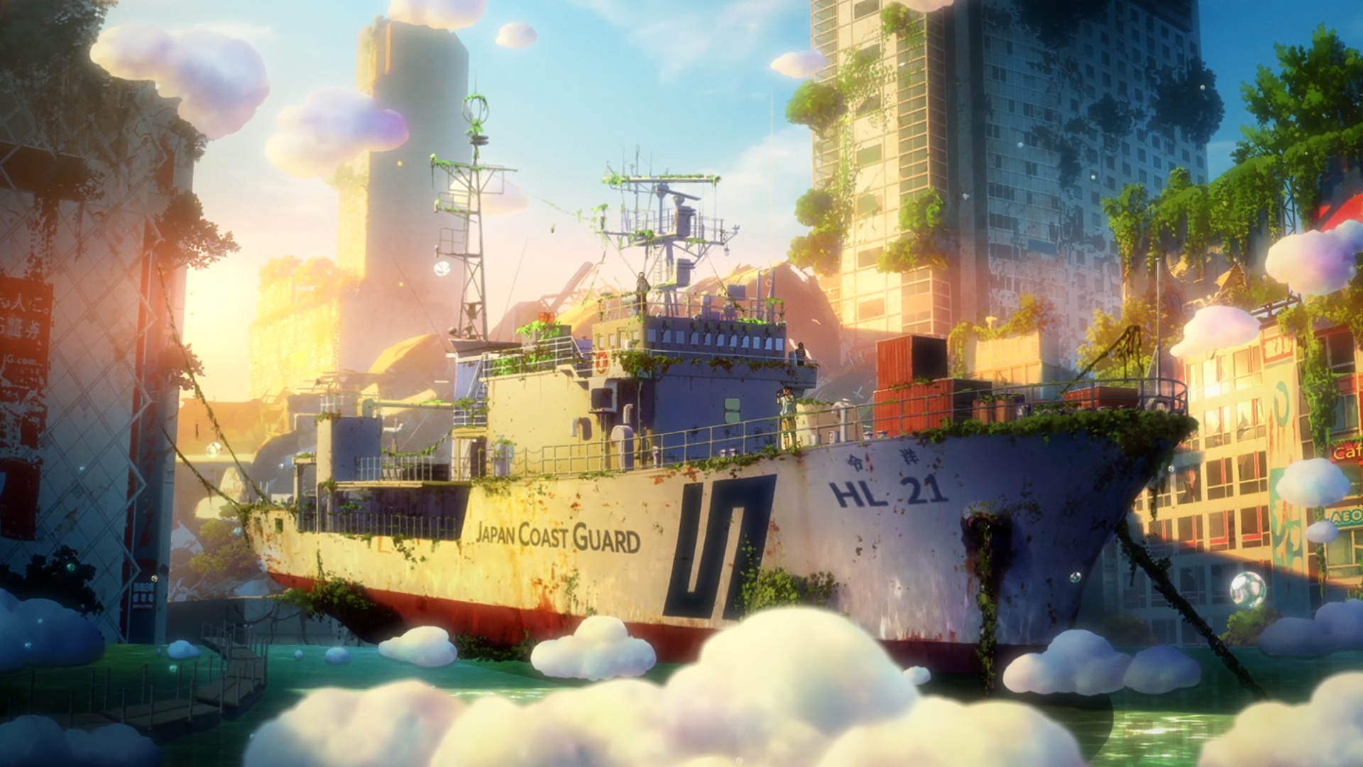 Japan Coast Guard ship in a flooded city with clouds HD Wallpaper