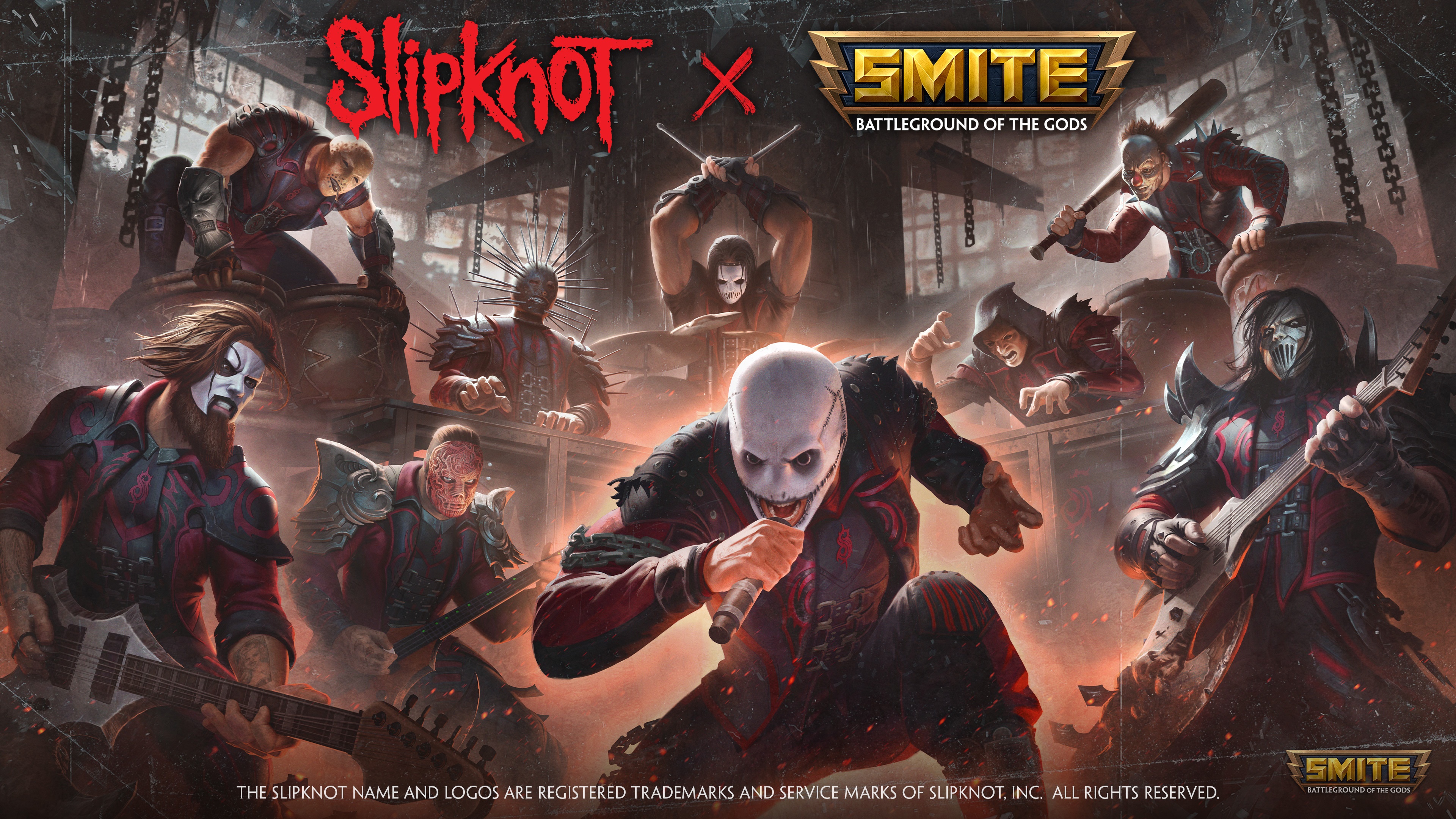 Slipknot and Smite characters in a dark setting HD Wallpaper