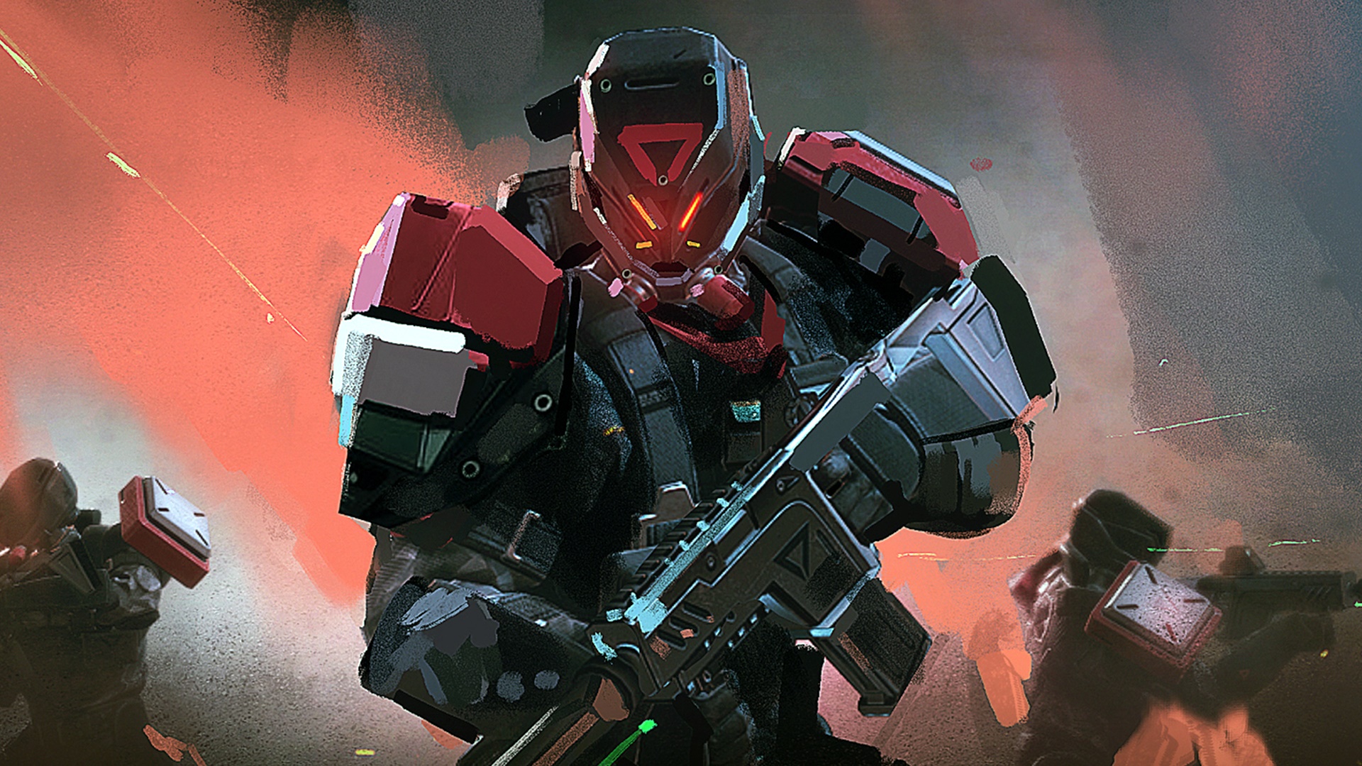 Soldiers in futuristic armor with weapons HD Wallpaper