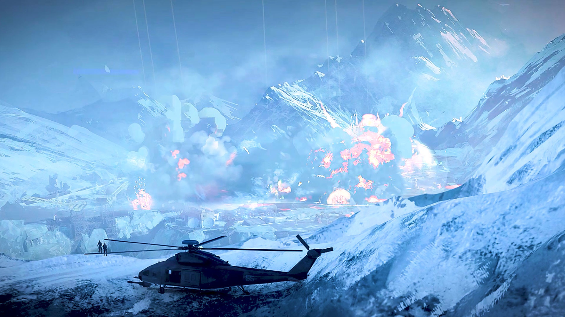 Crossfire: Legion helicopter in snowy mountains with explosions HD Wallpaper