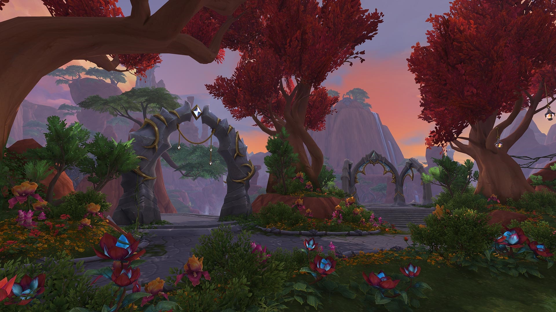 World of Warcraft: Dragonflight landscape with red trees and stone arches HD Wallpaper