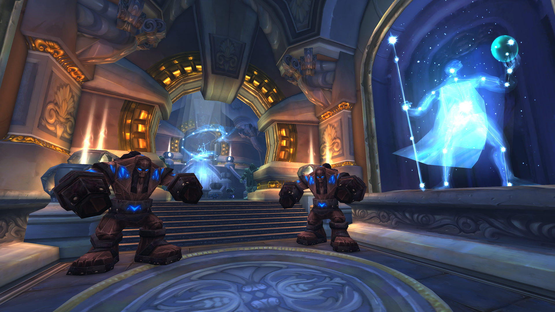 Two automatons in a grand hall with a celestial projection HD Wallpaper