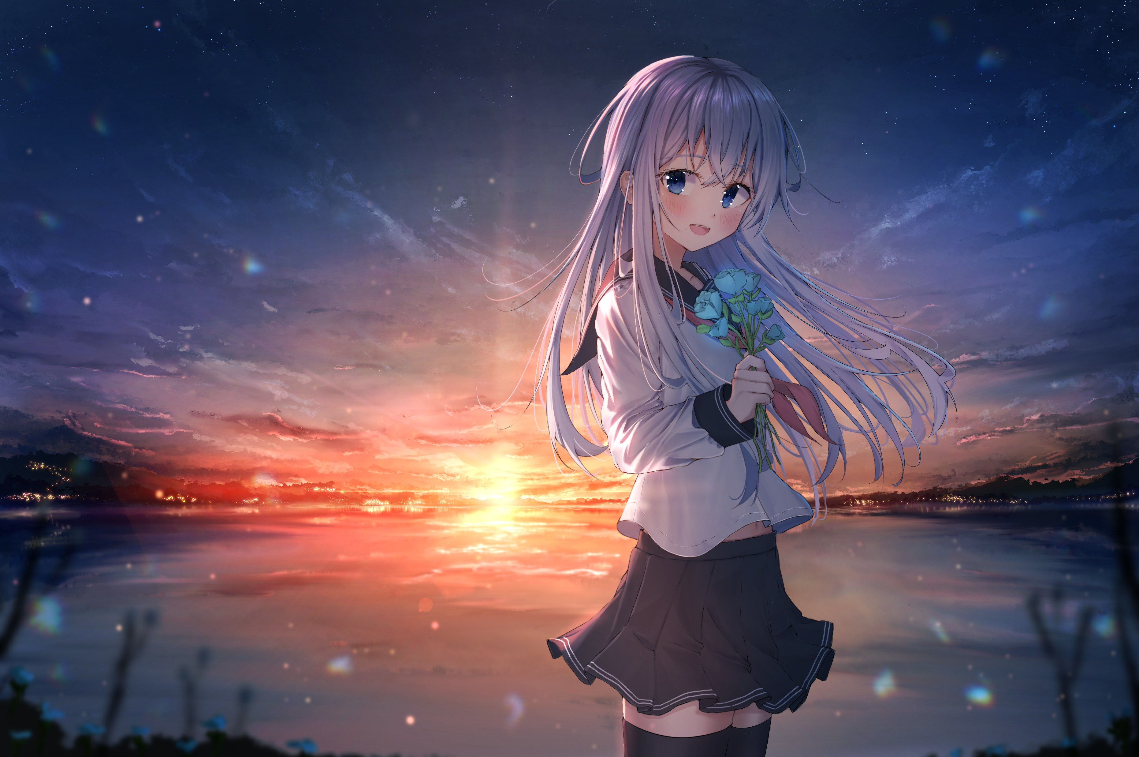 Hibiki from Kantai Collection holding flowers at sunset HD Wallpaper