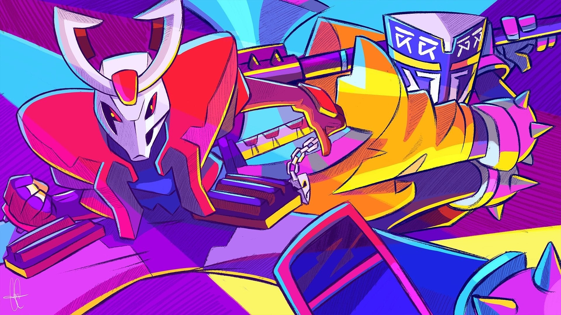 Two robots in samurai and knight armor HD Wallpaper