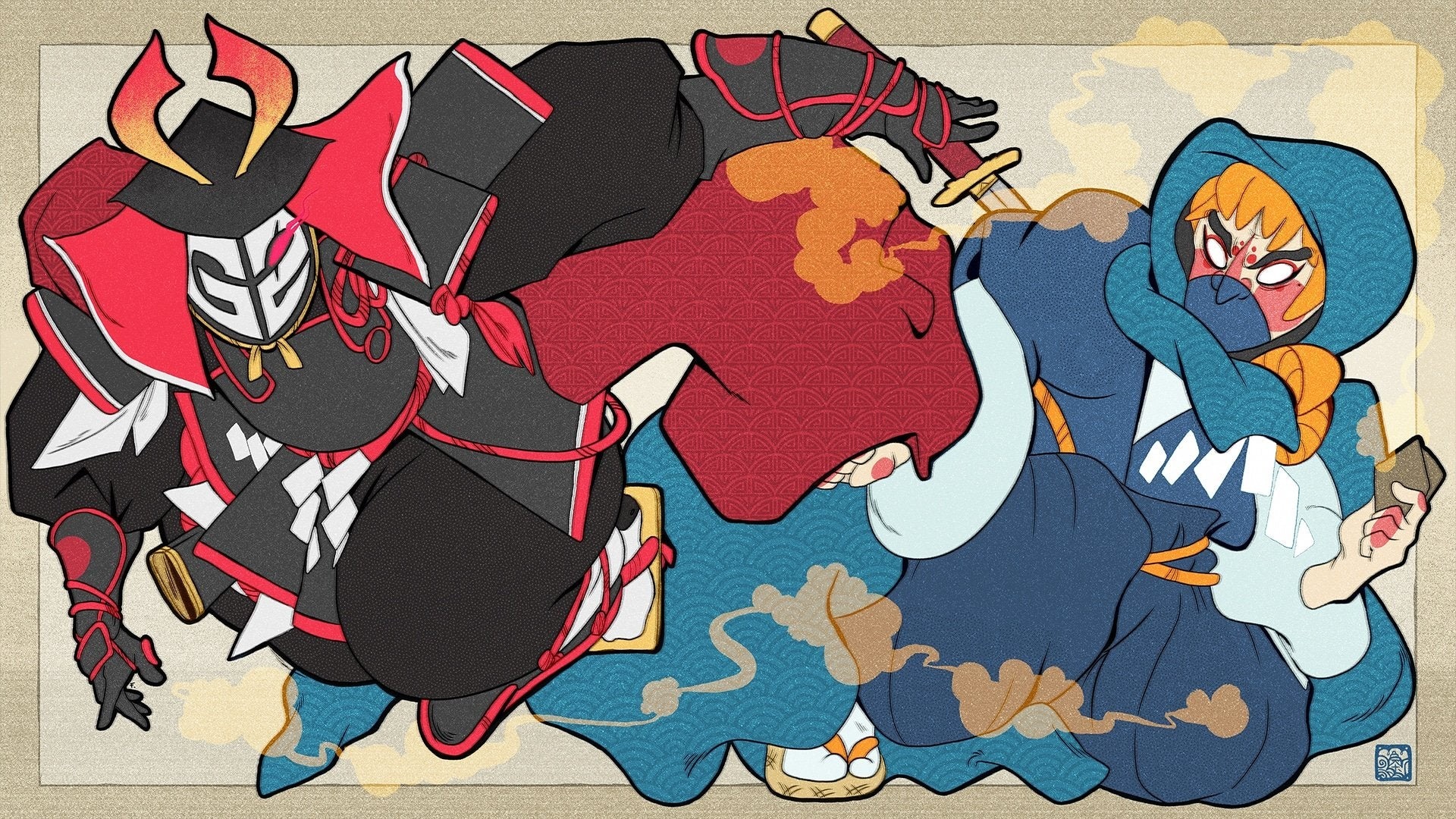 Samurai and ninja characters in traditional Japanese attire HD Wallpaper
