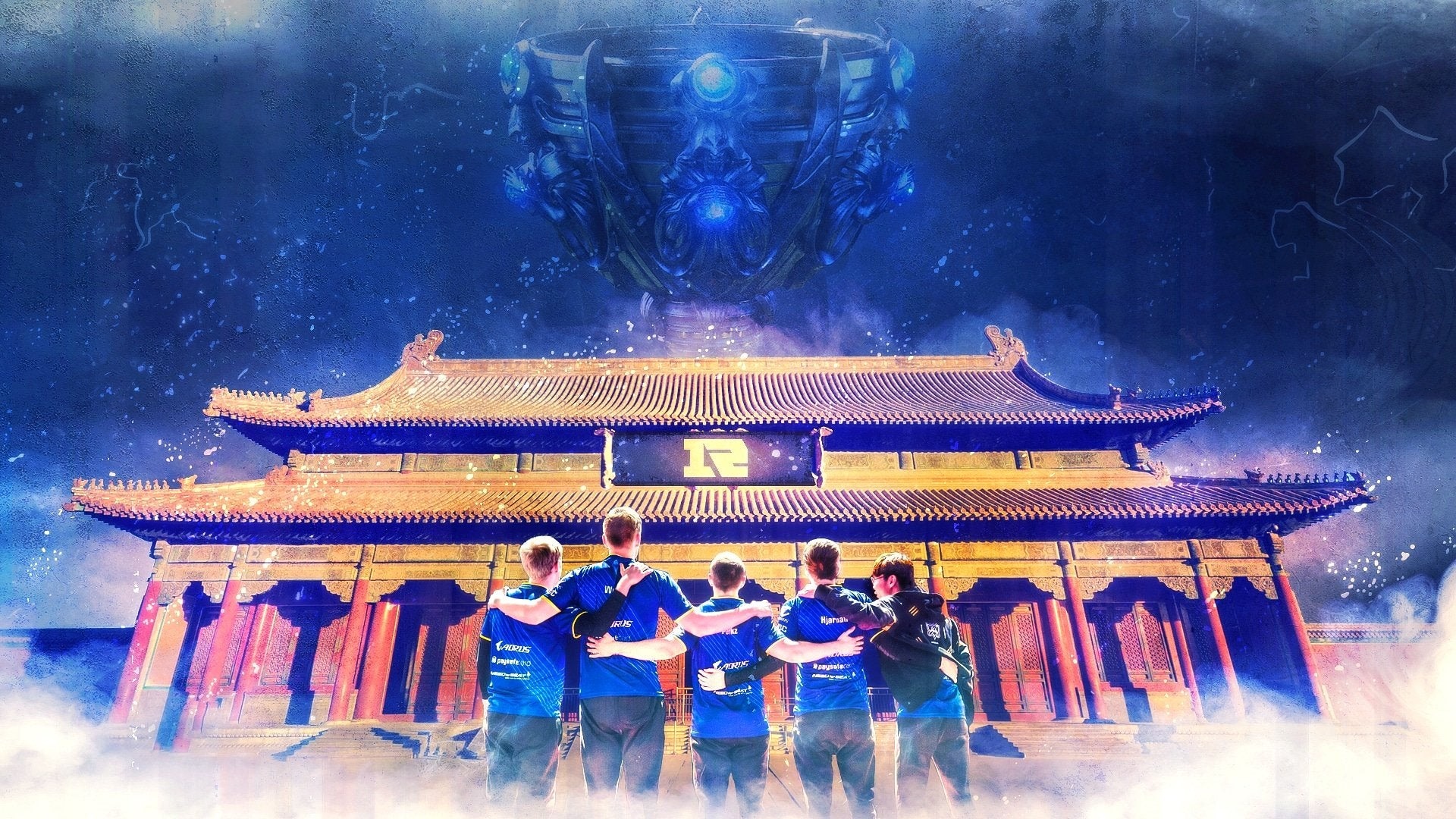 G2 Esports team in front of traditional building HD Wallpaper