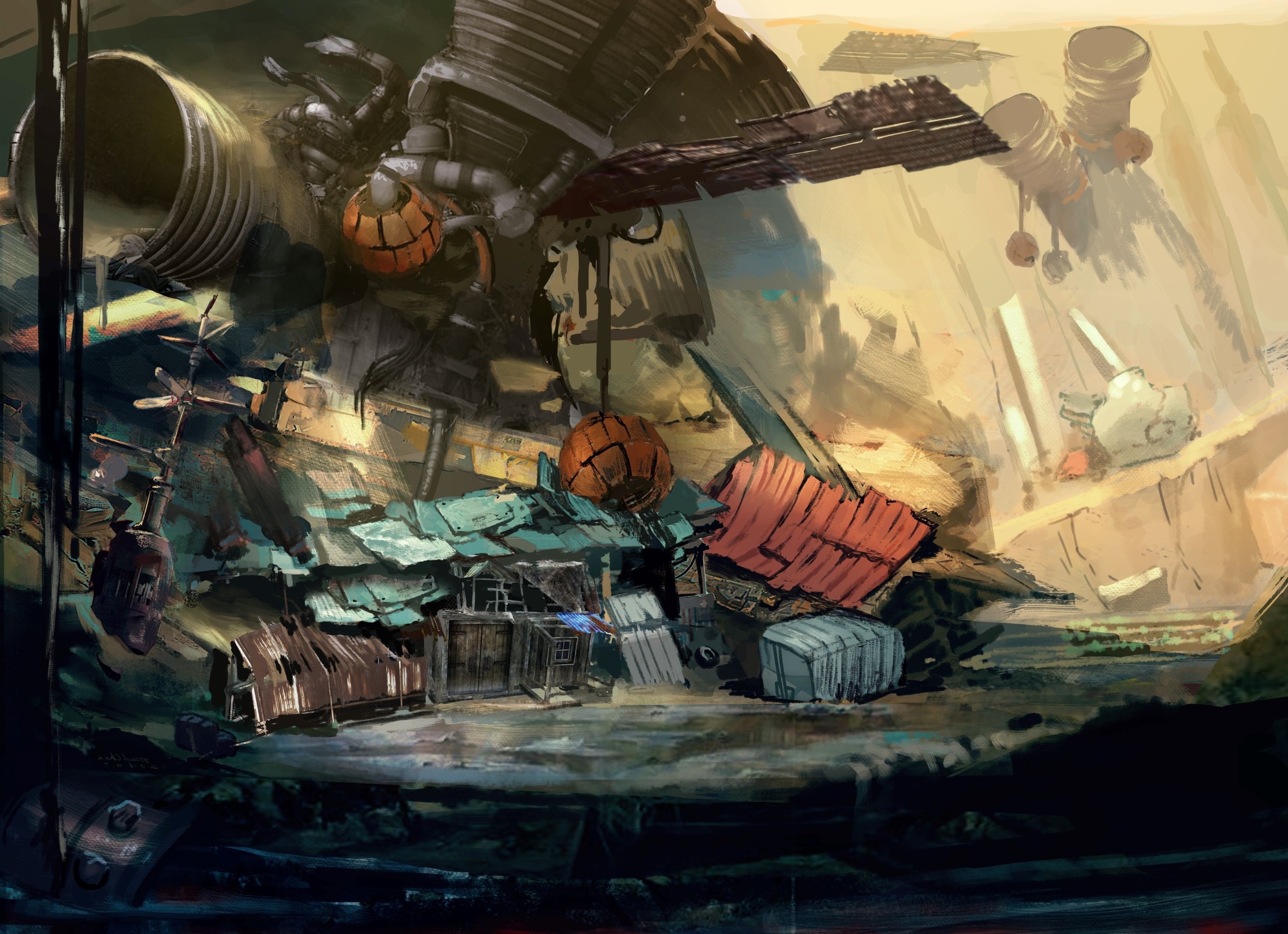 Scrapyard settlement with large machinery HD Wallpaper