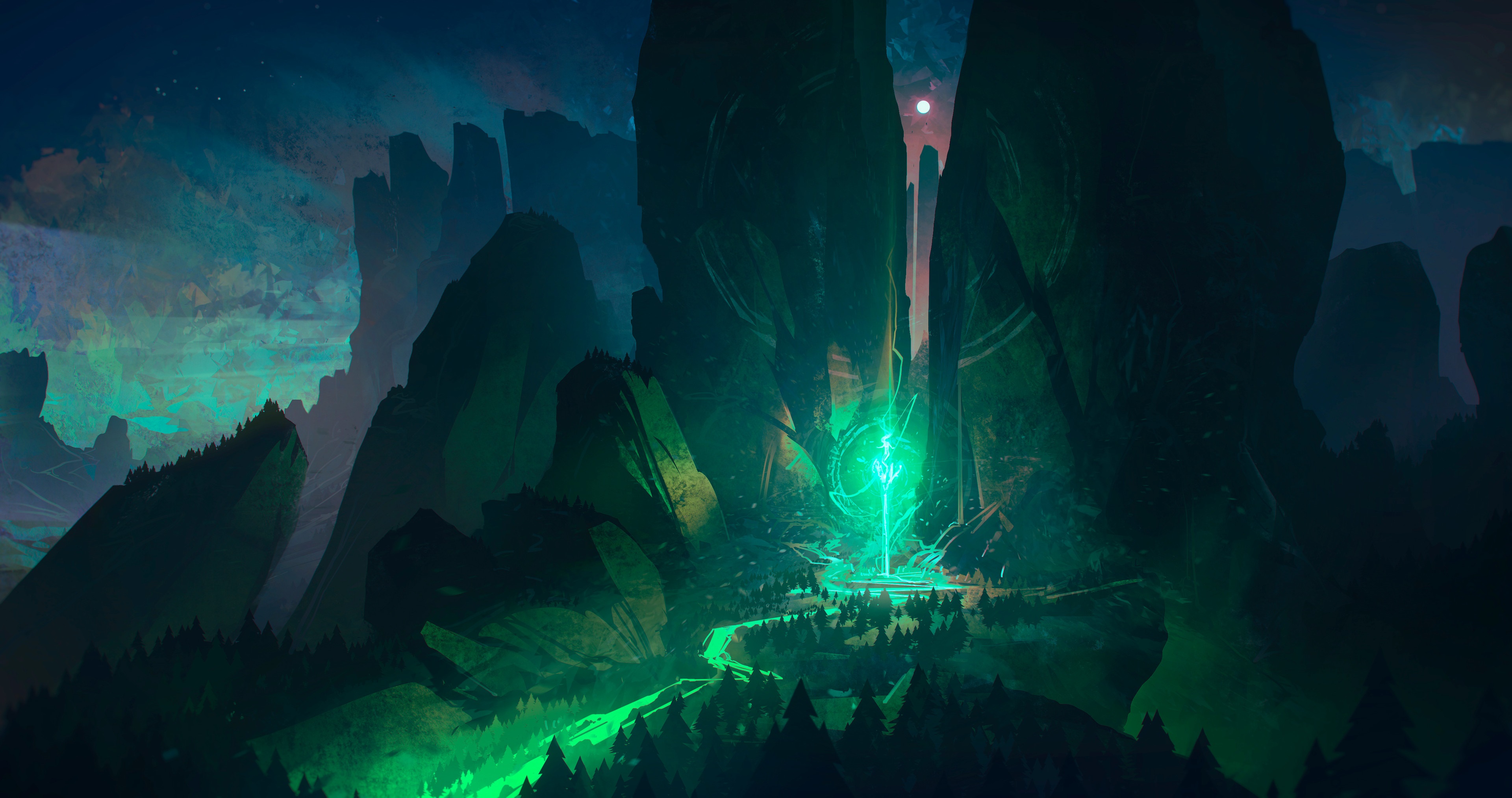A beam of light in a rocky, mountainous landscape at night HD Wallpaper