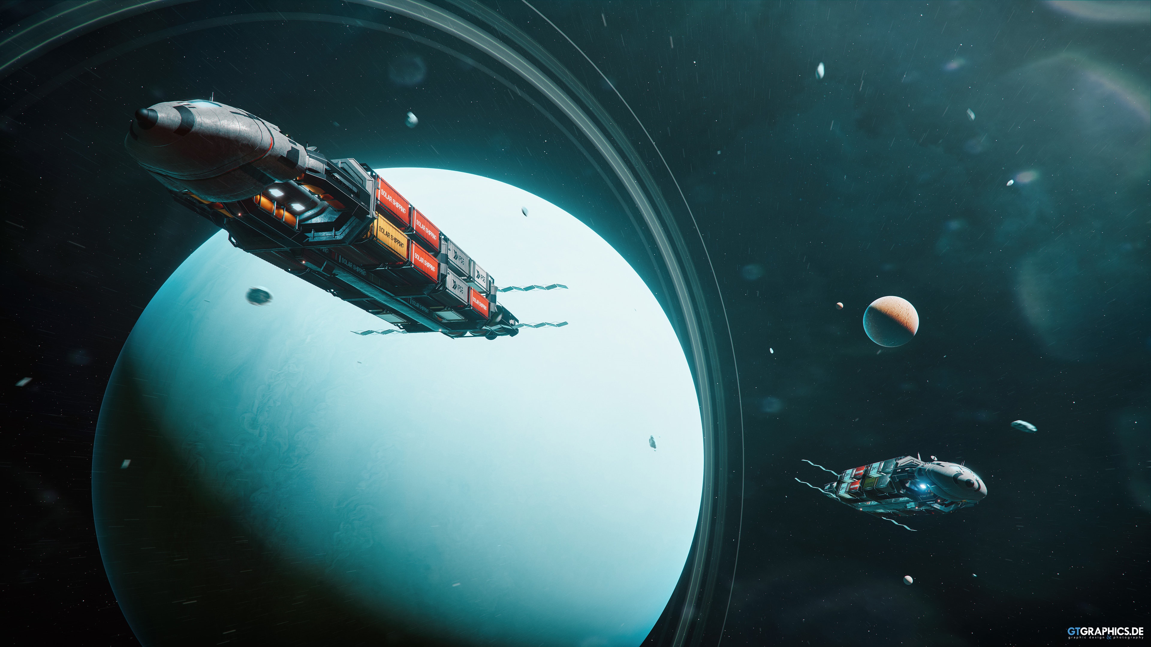 Cargo spaceship near a ringed planet HD Wallpaper