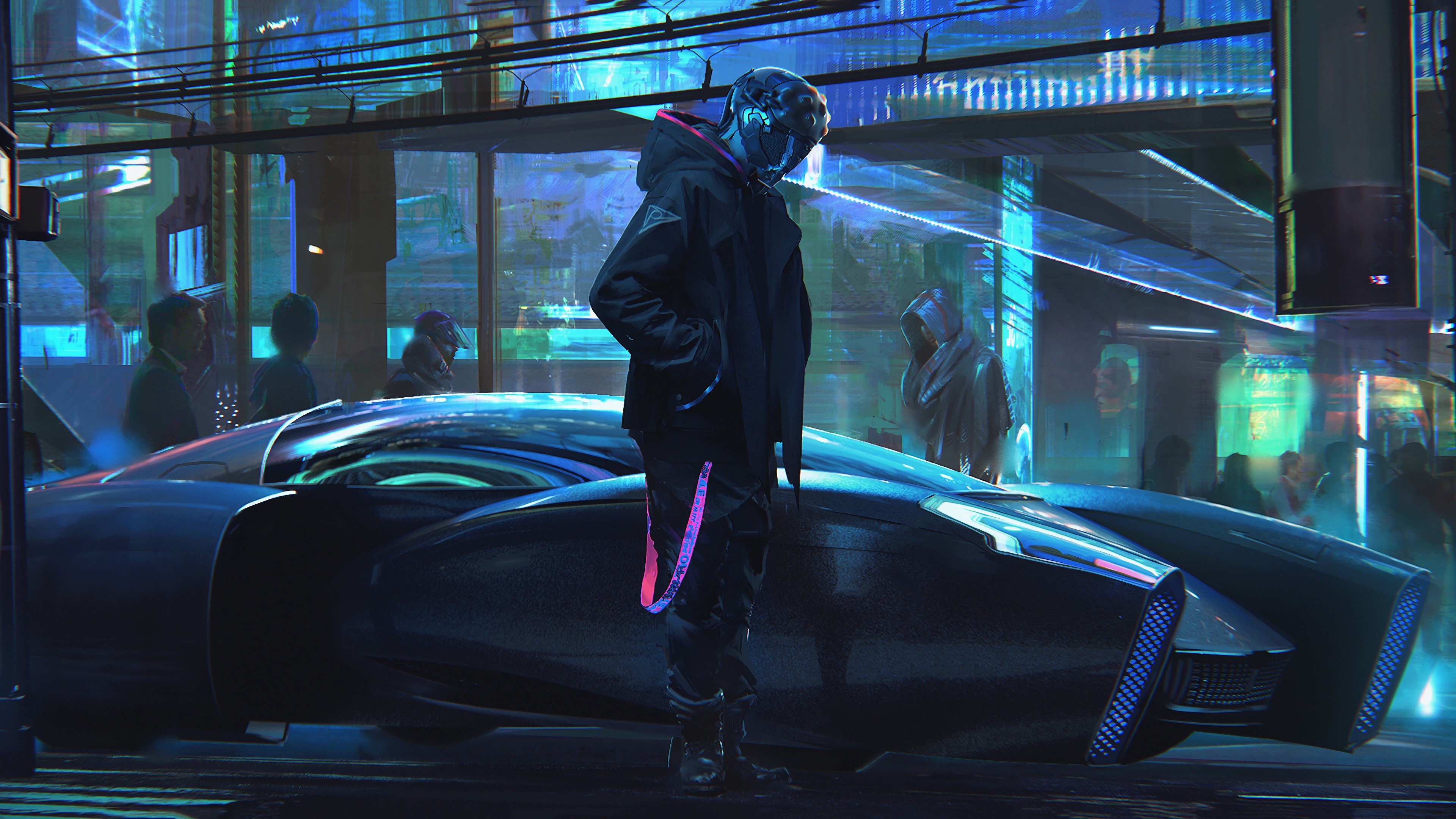 Cyberpunk character with futuristic car in neon city 4K HD Wallpaper