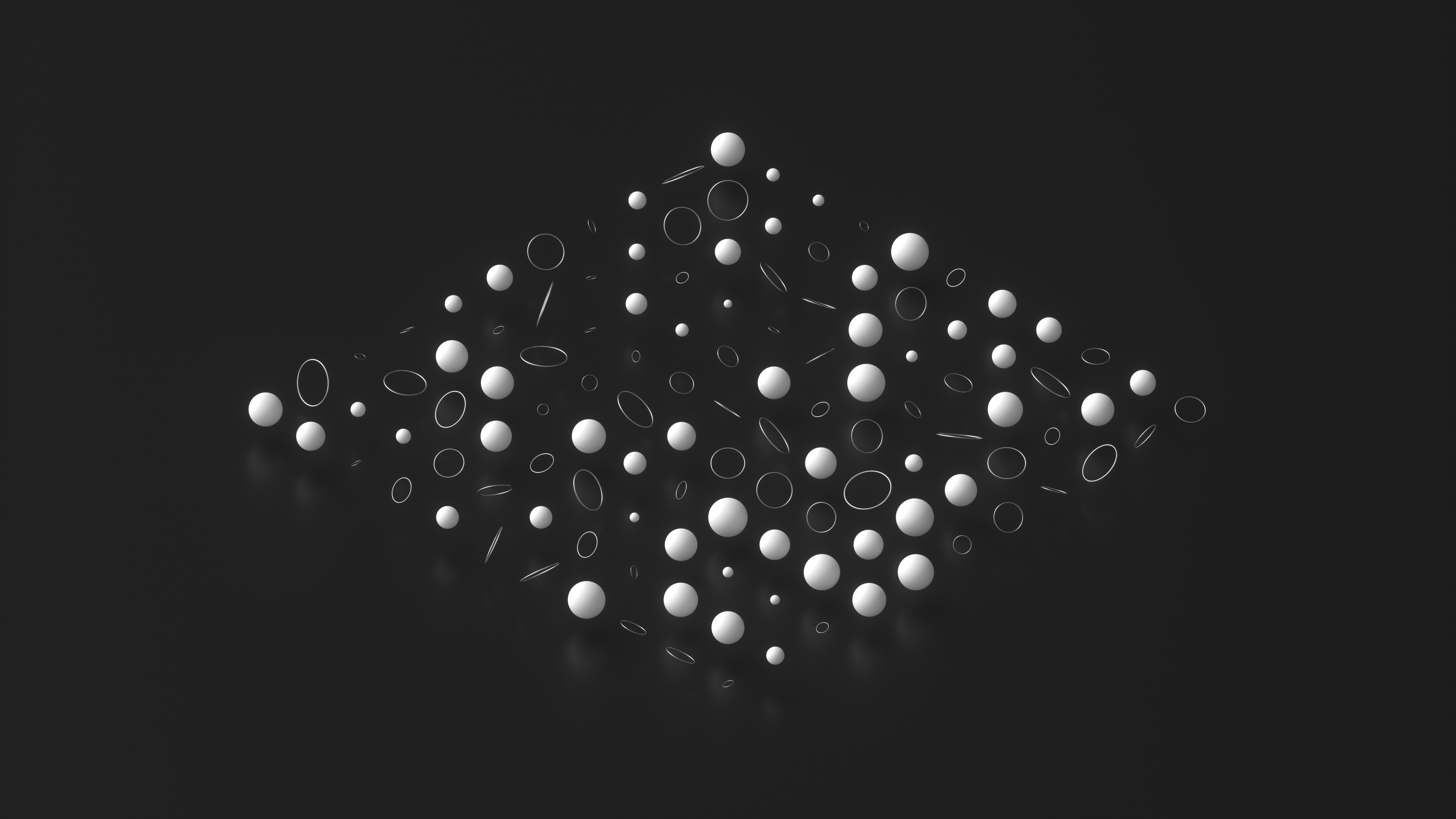 Abstract arrangement of white spheres and rings HD Wallpaper