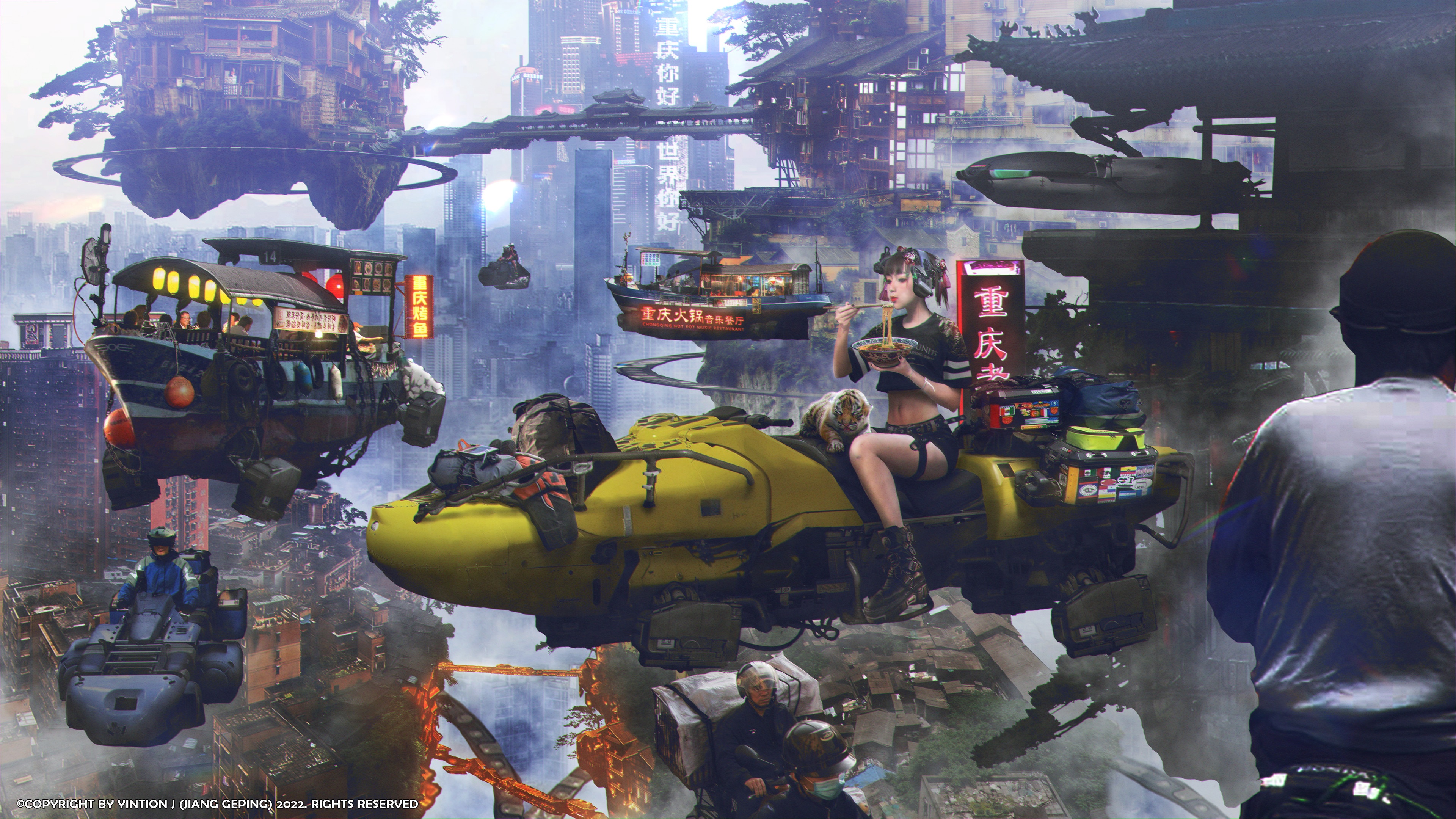 Sci Fi Cyberpunk Cityscape with Flying Vehicles 4K HD Wallpaper