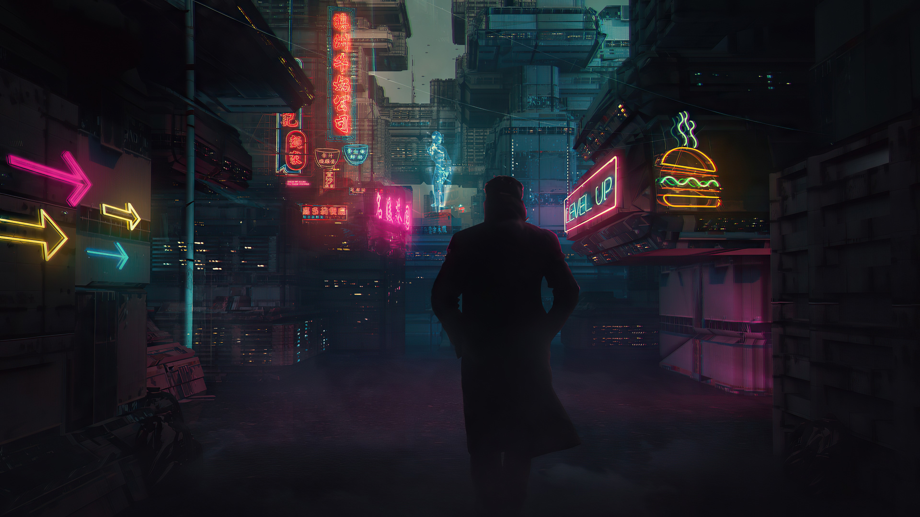 Man in Cyberpunk City with Neon Signs 4K HD Wallpaper