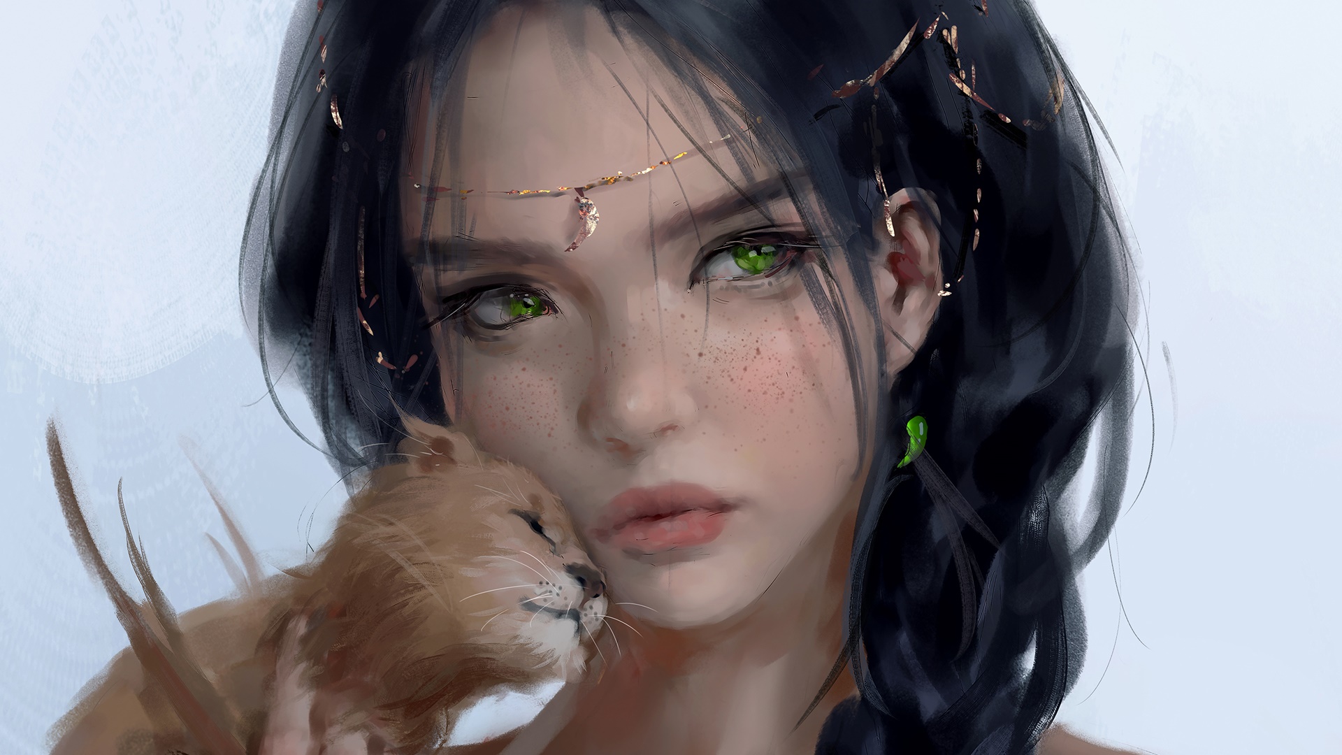 Fantasy woman with green eyes holding a small cat HD Wallpaper