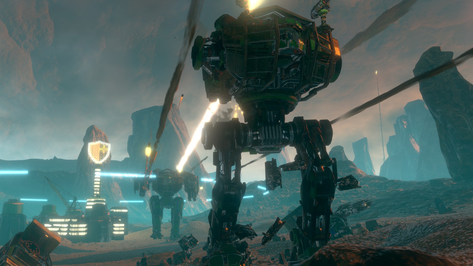 Mechs in a desolate landscape with futuristic structures HD Wallpaper