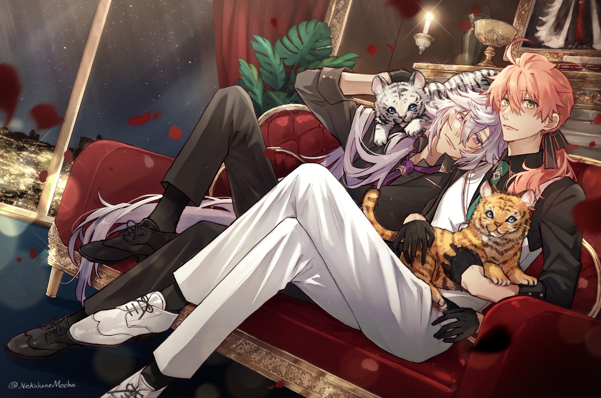 Merlin and Romani Archaman from Fate/Grand Order with tigers HD Wallpaper