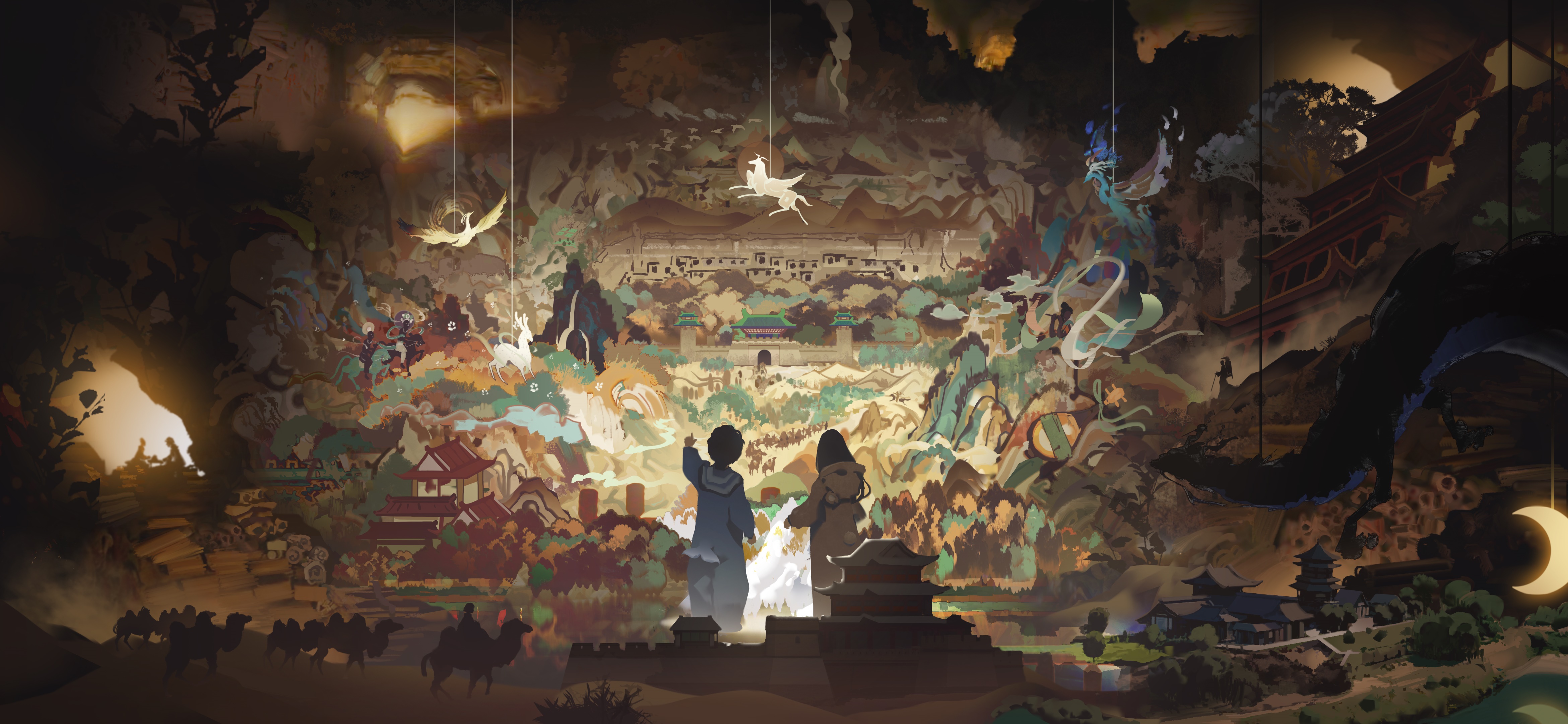 Children admire a mural of ancient China HD Wallpaper