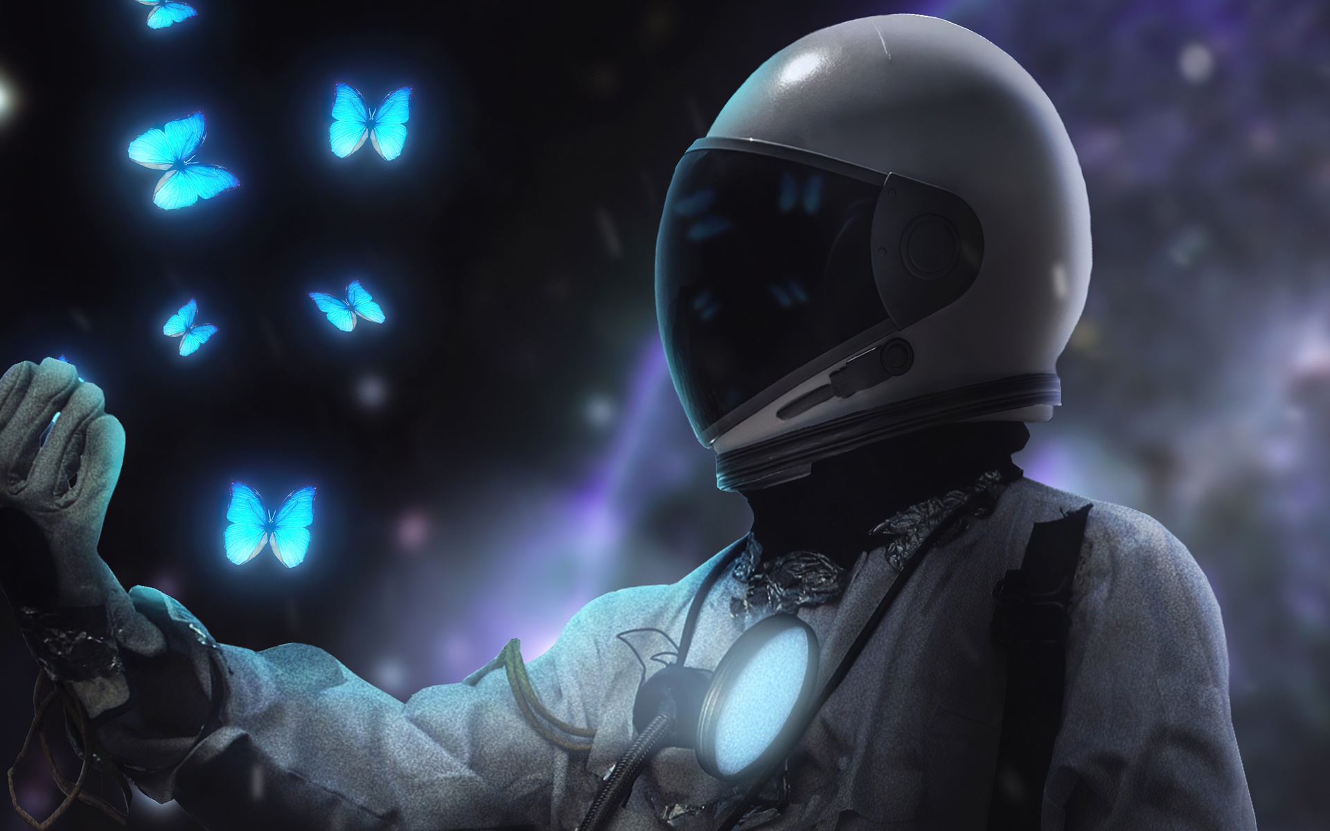 Astronaut with glowing blue butterflies in space HD Wallpaper
