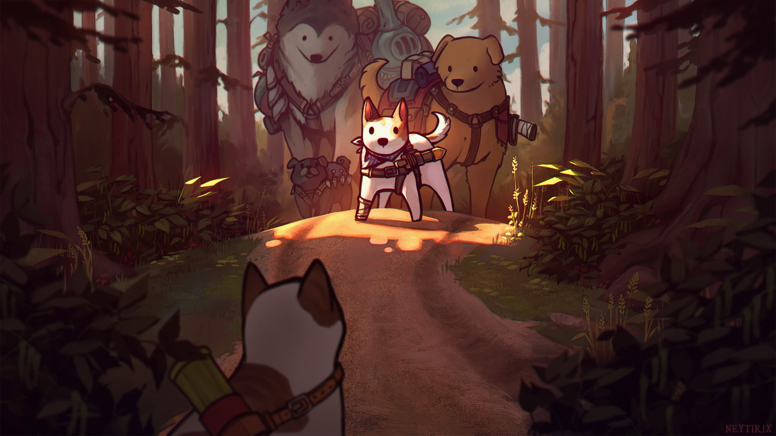 Dogs in armor on a forest path HD Wallpaper