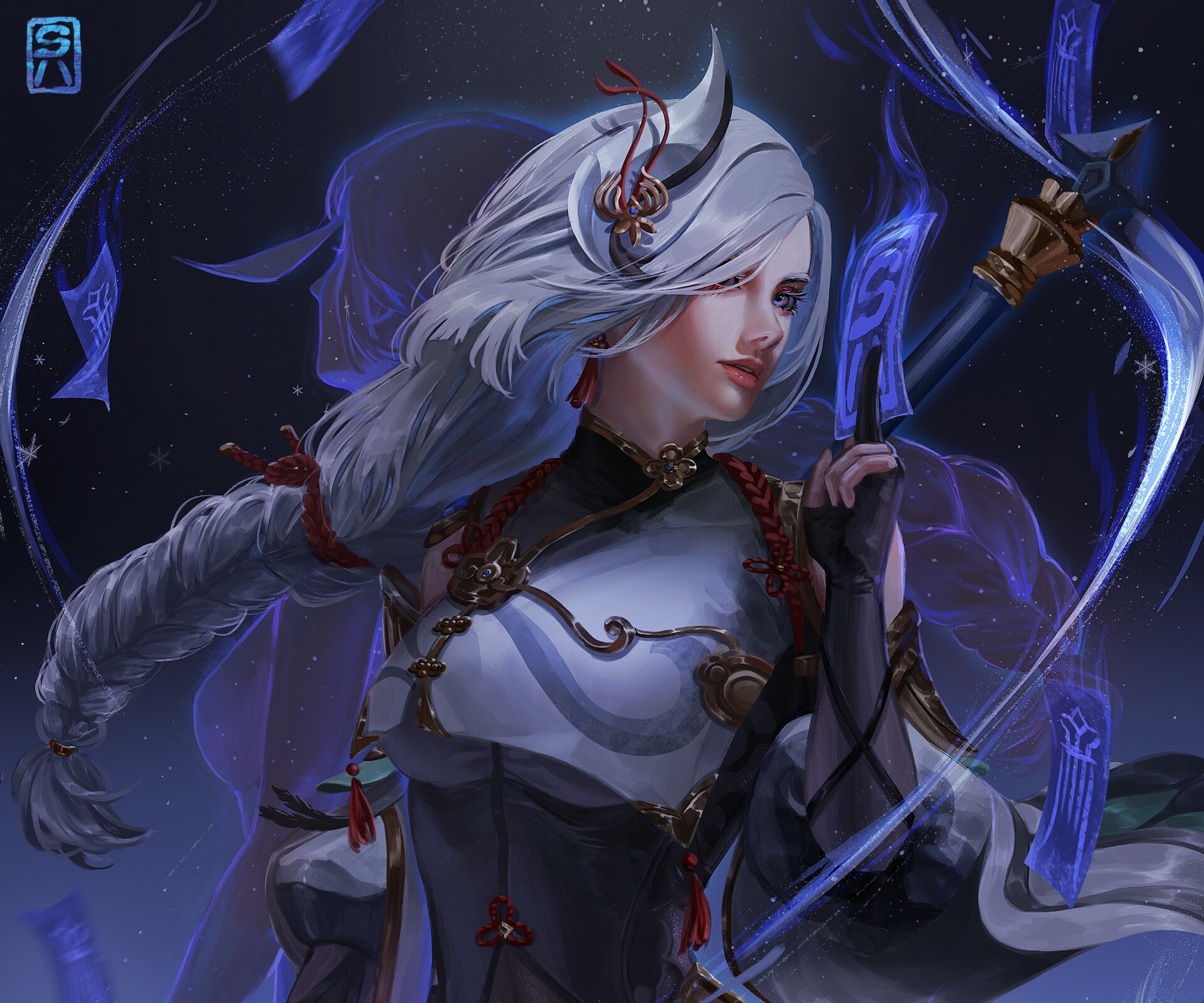 Shenhe from Genshin Impact with blue energy HD Wallpaper