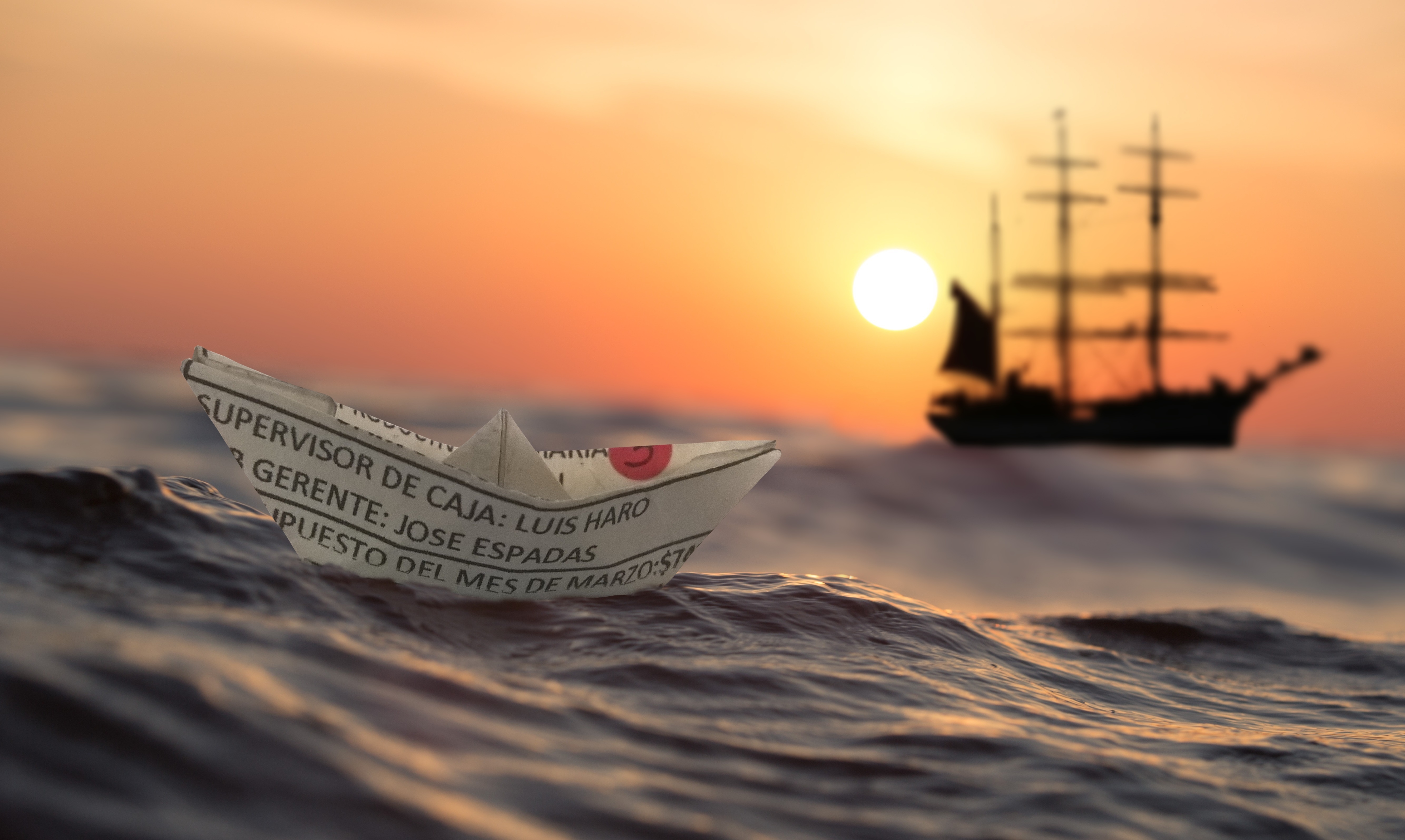 Paper boat and ship at sunset HD Wallpaper