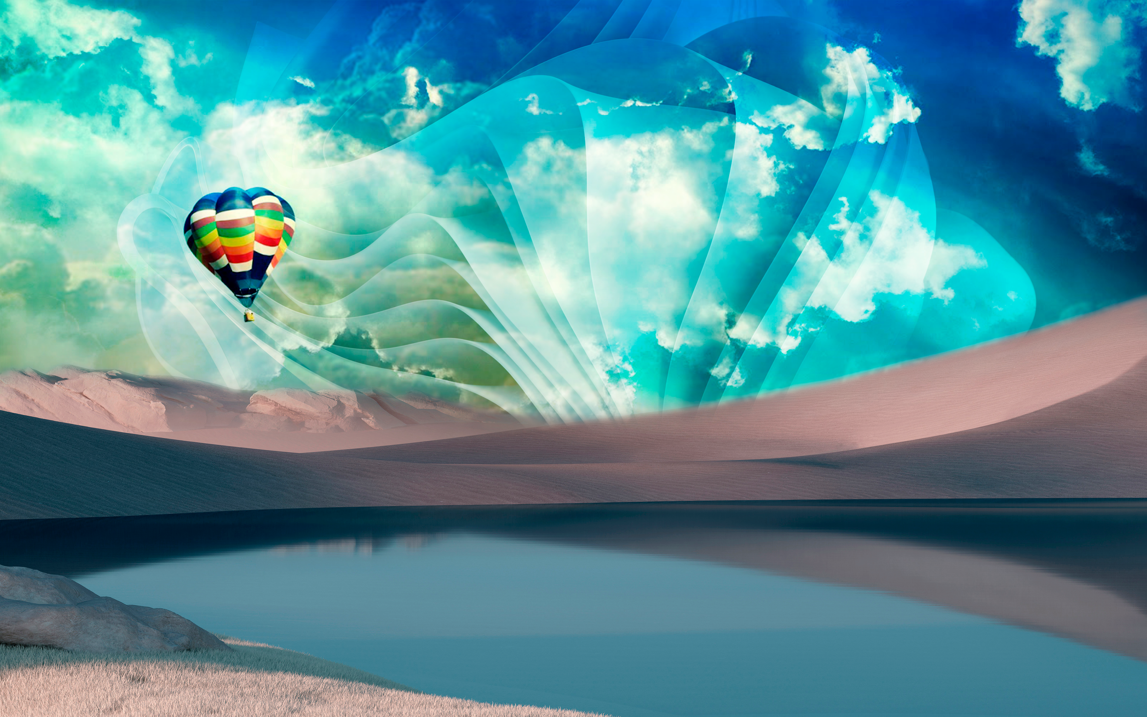 Hot air balloon over desert landscape with abstract sky HD Wallpaper