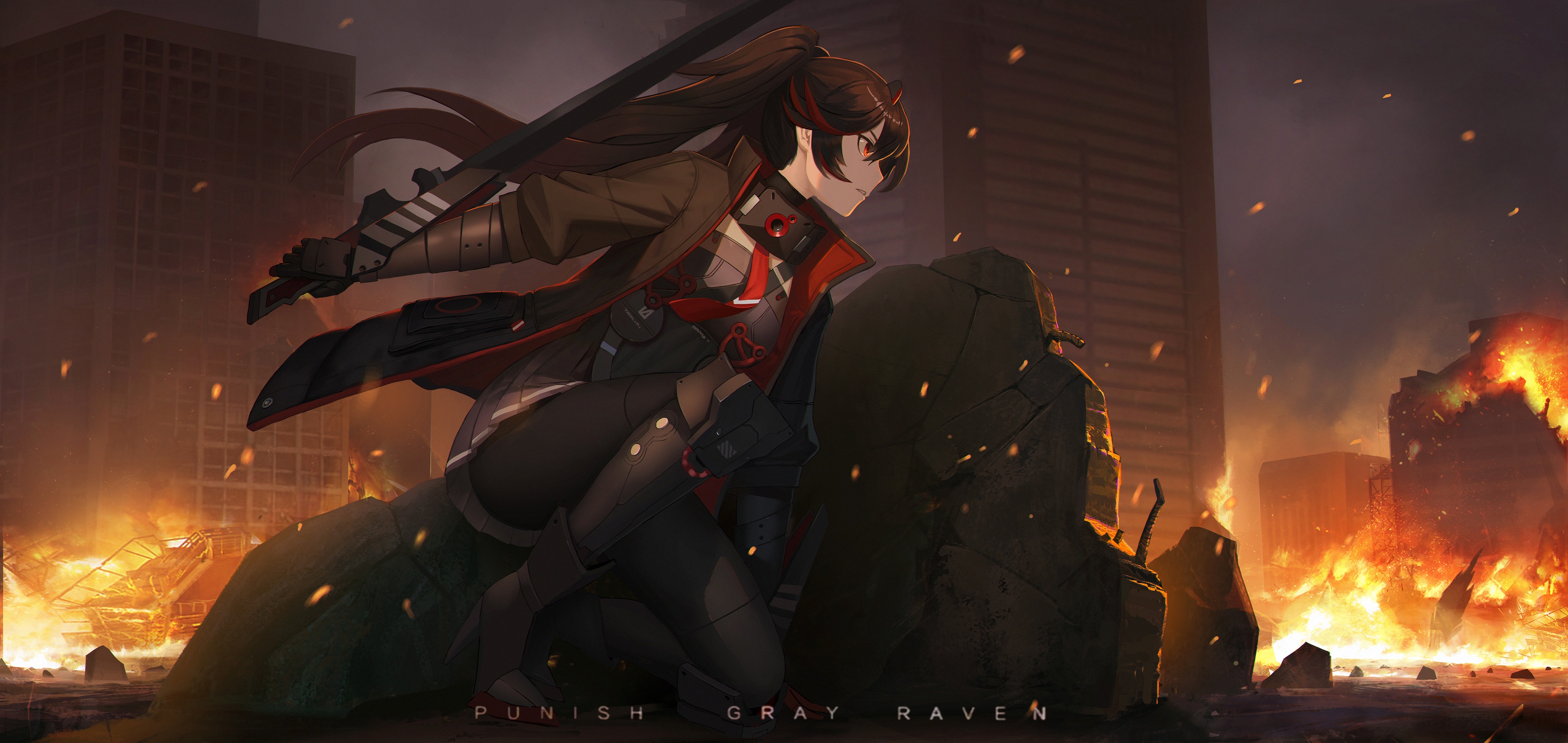 Lucia Crimson Abyss from Punishing: Gray Raven in a burning city HD Wallpaper