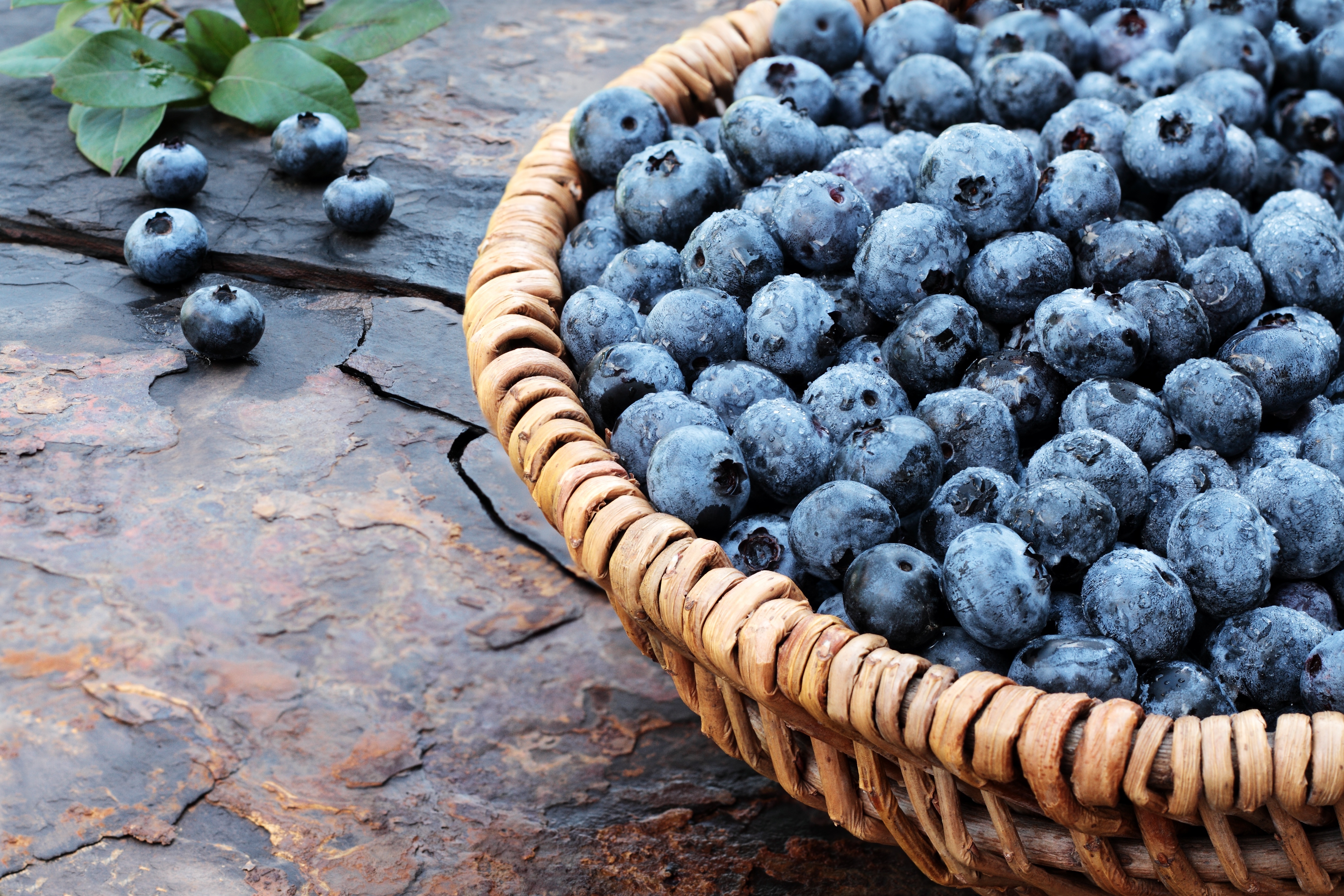 Basket full of blueberries on a stone surface HD Wallpaper