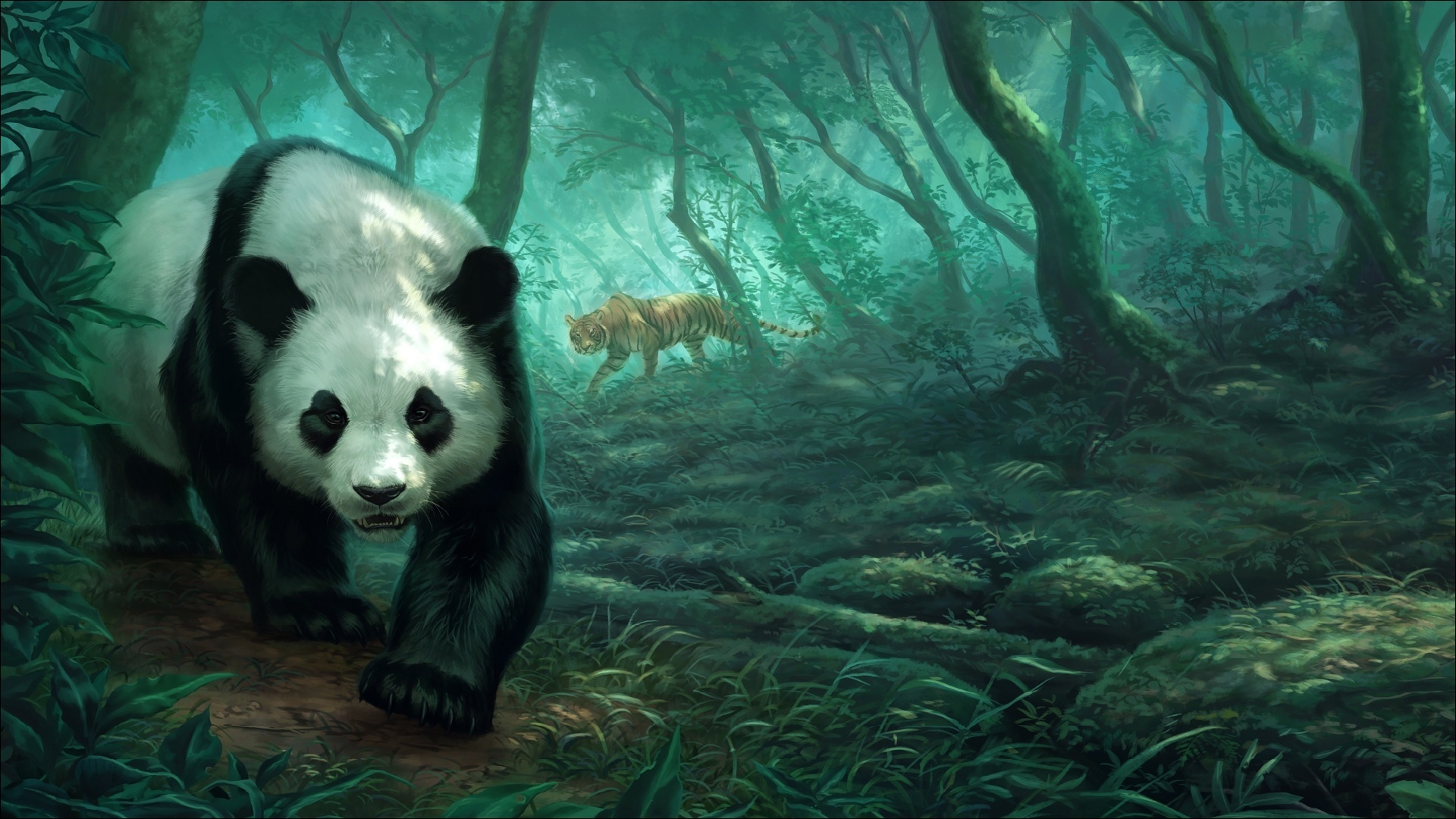 Panda and Tiger in a Lush Forest HD Wallpaper