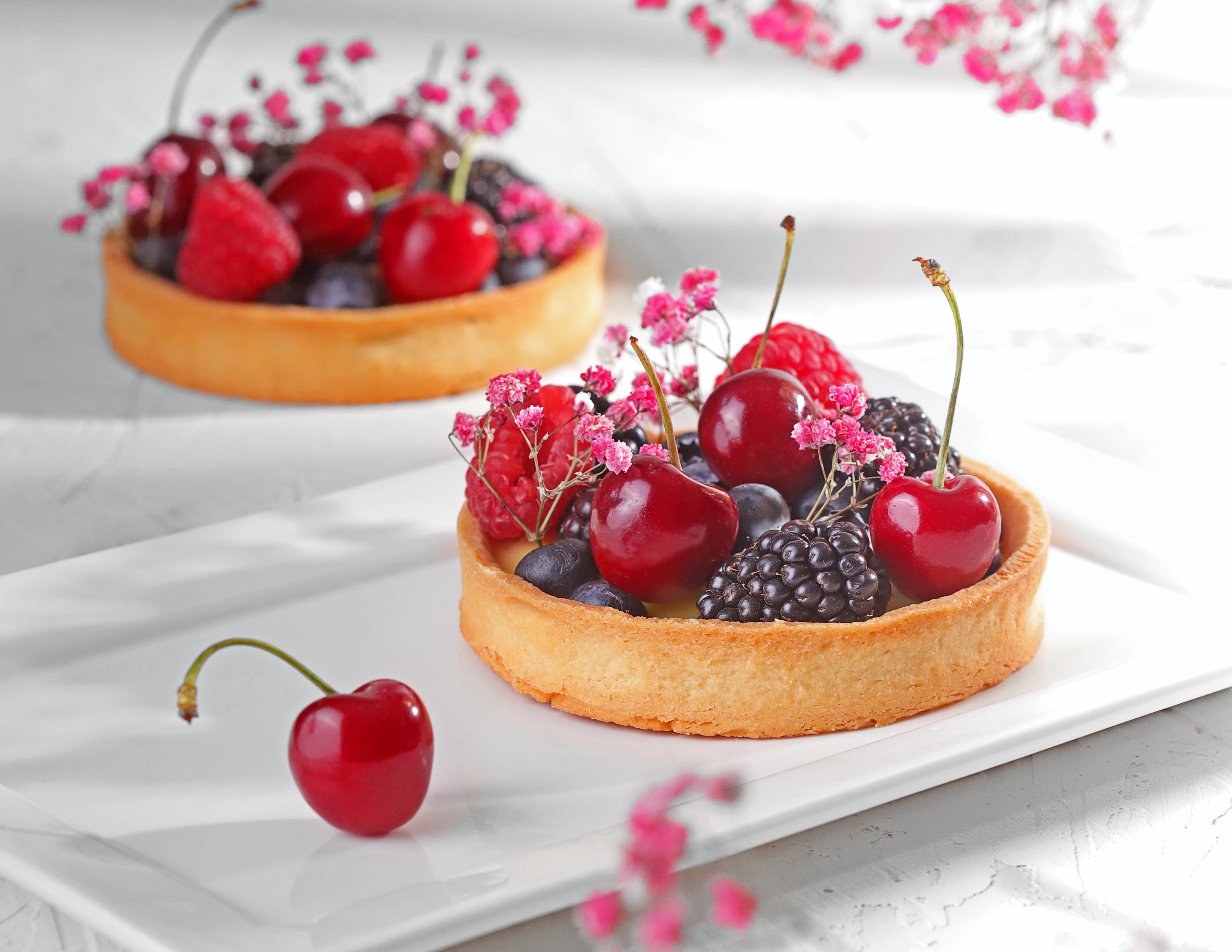 Berry Tartlets with Cherries and Pink Flowers HD Wallpaper