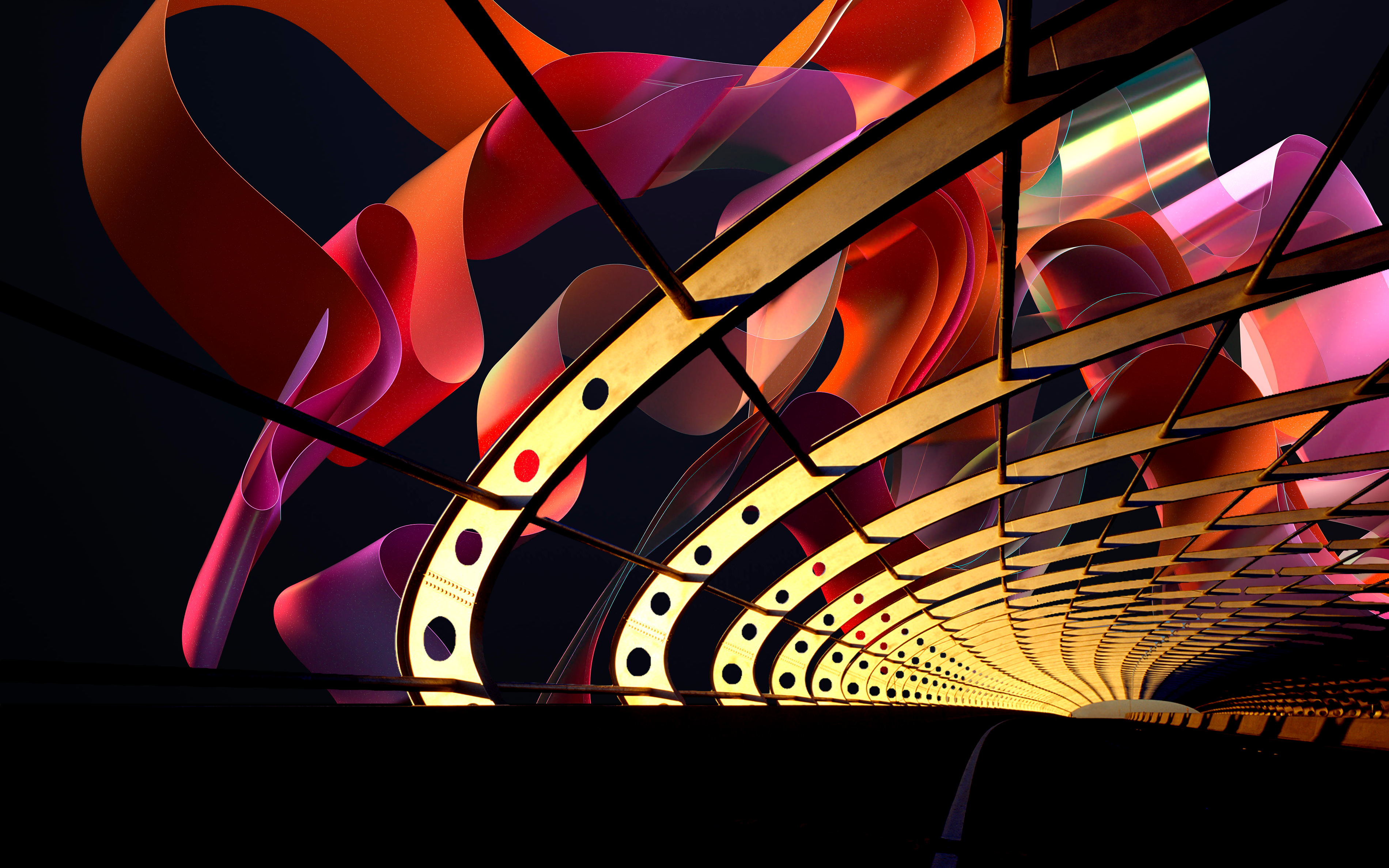 Abstract colorful ribbons and metallic structures HD Wallpaper