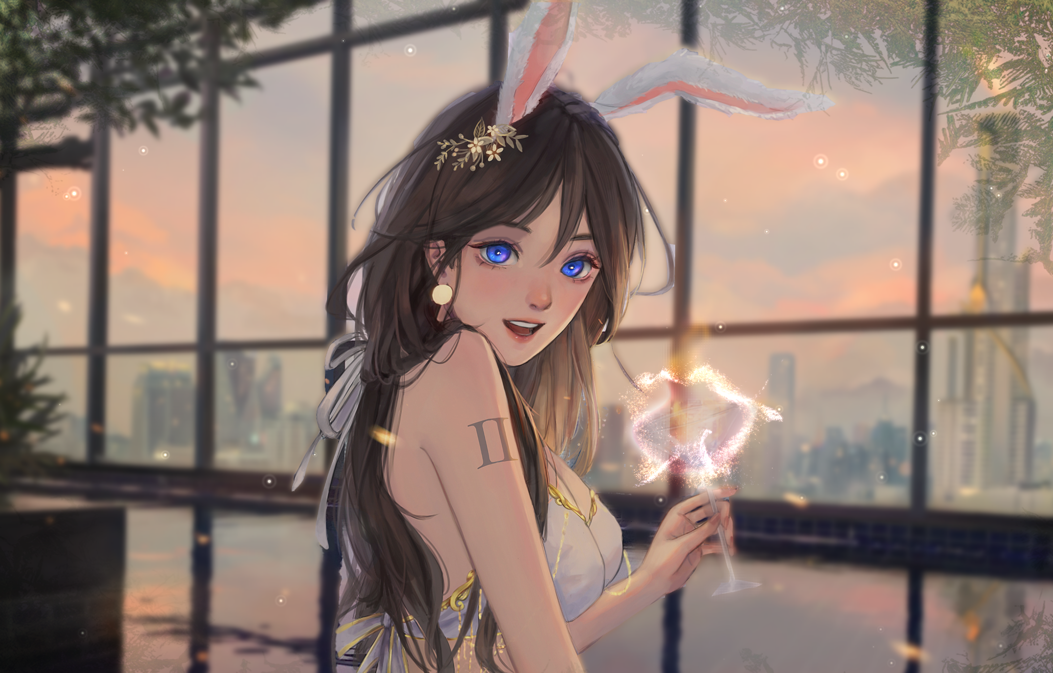 Anime girl with bunny ears holding a drink HD Wallpaper