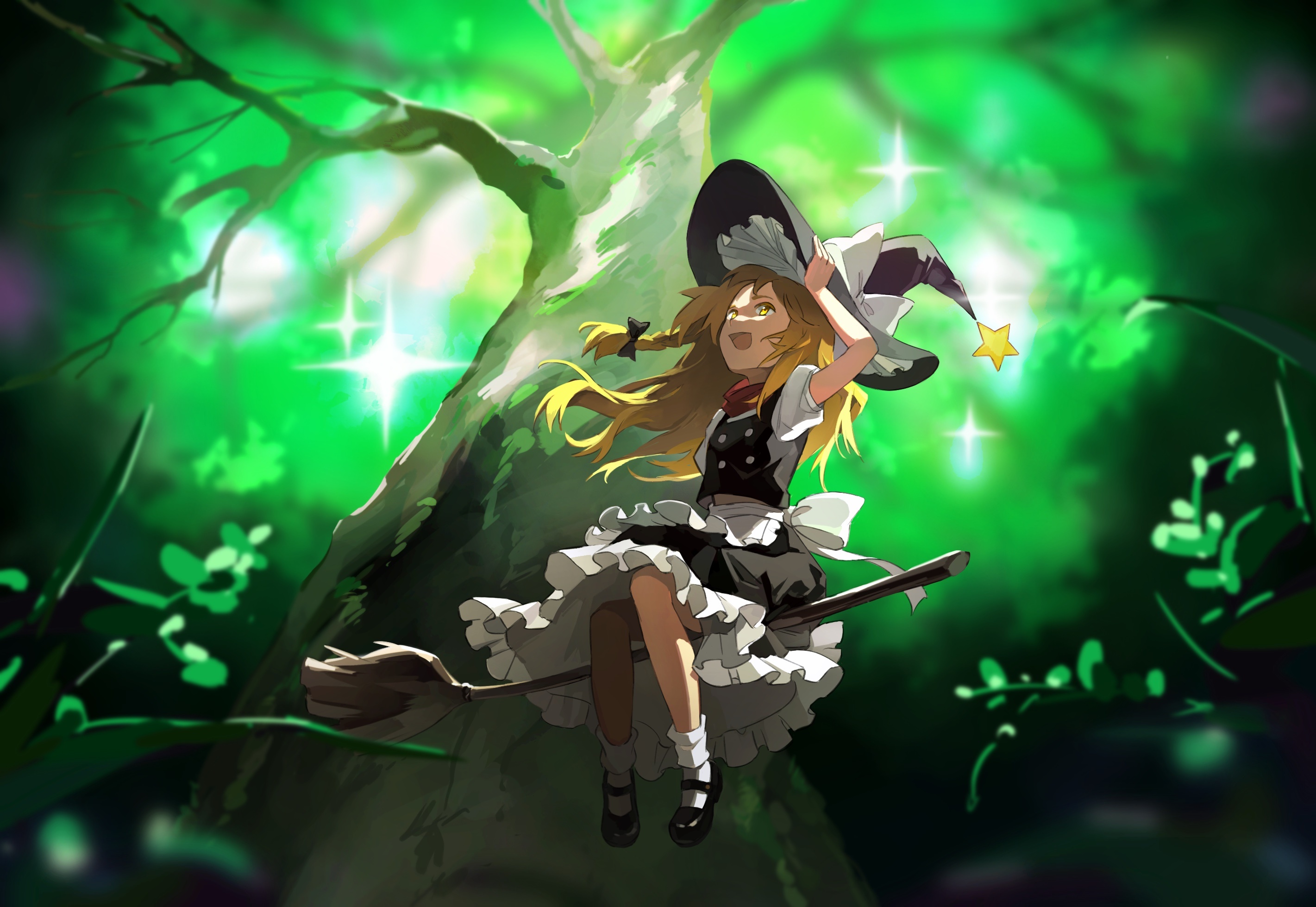 Marisa Kirisame from Touhou riding a broomstick HD Wallpaper