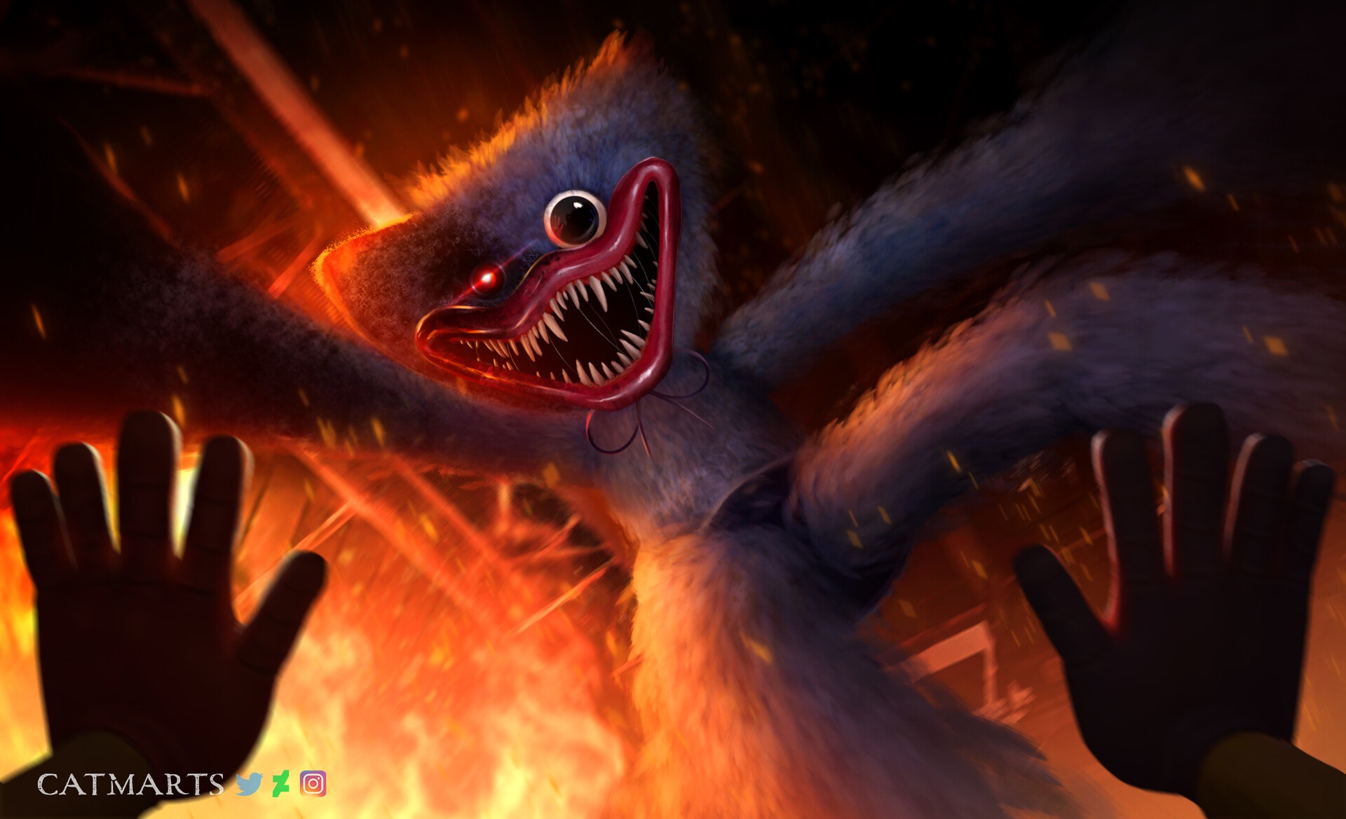 Huggy Wuggy in a fiery confrontation HD Wallpaper