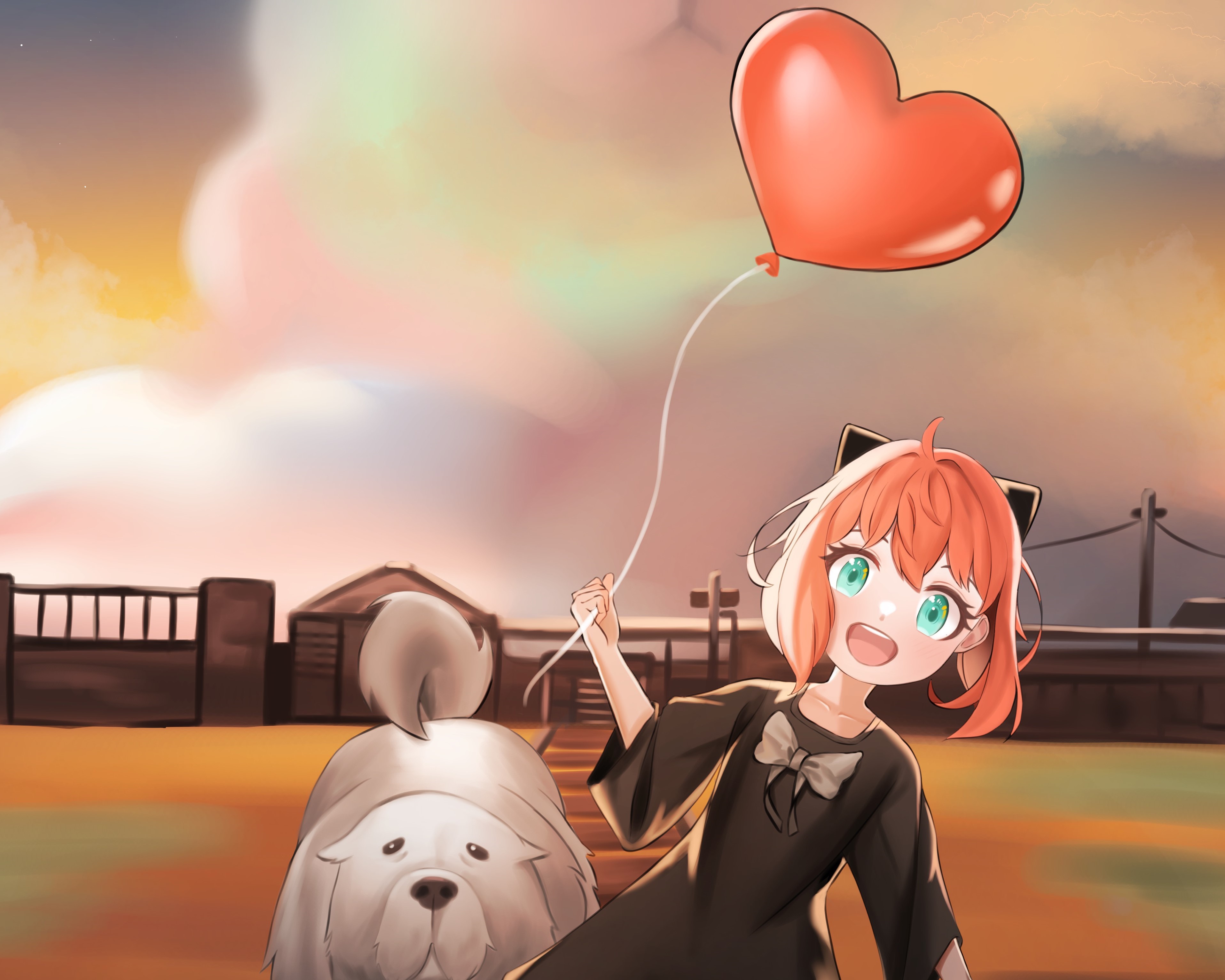 Anya Forger and Bond from Spy X Family with a heart balloon HD Wallpaper