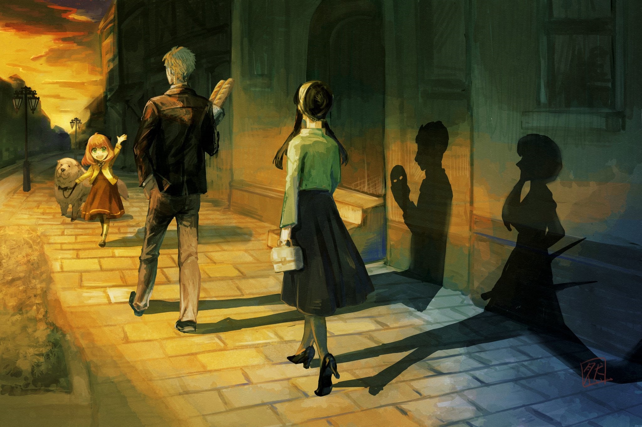 Spy x Family characters walking at sunset HD Wallpaper