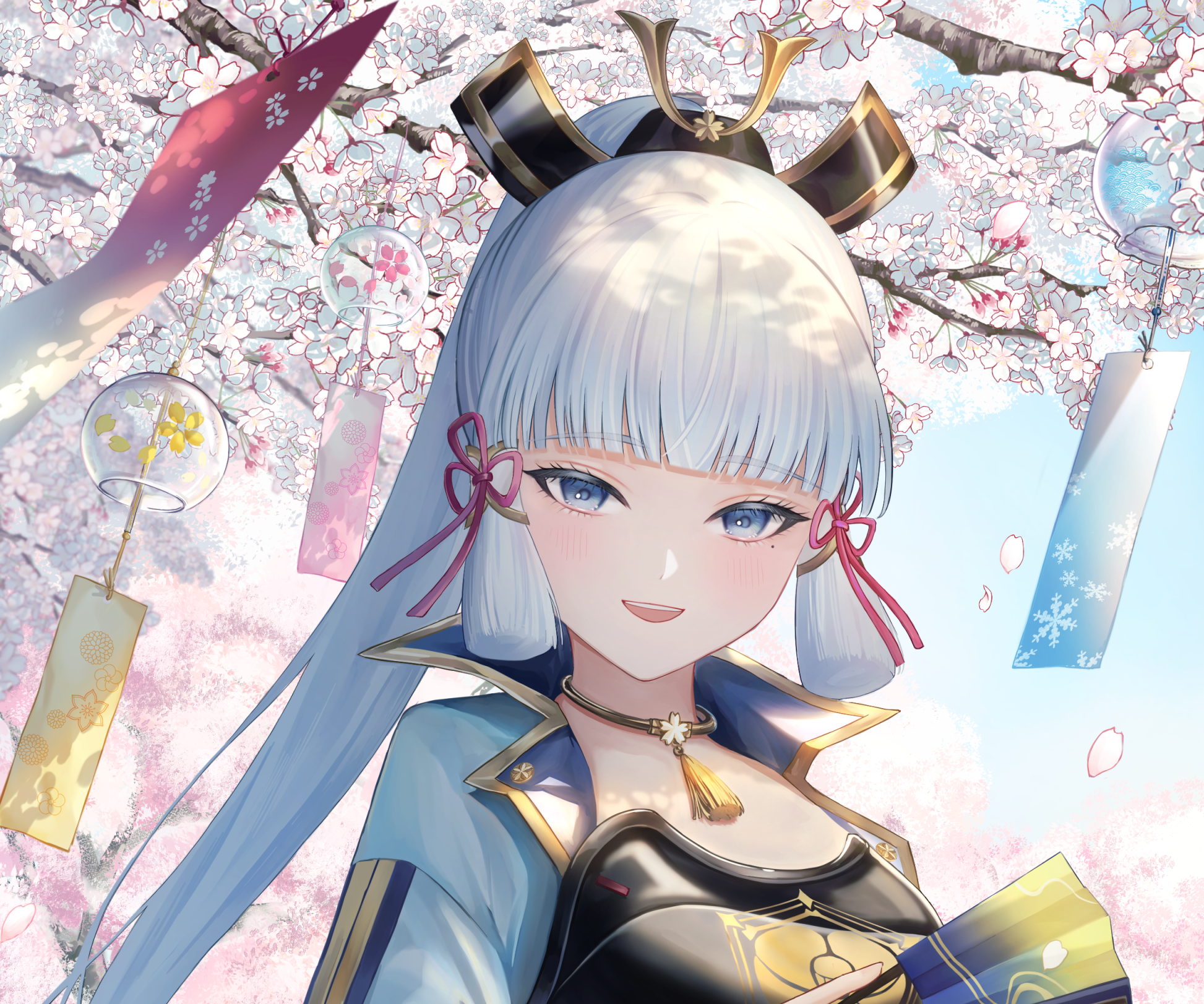 Kamisato Ayaka from Genshin Impact with Cherry Blossoms HD Wallpaper