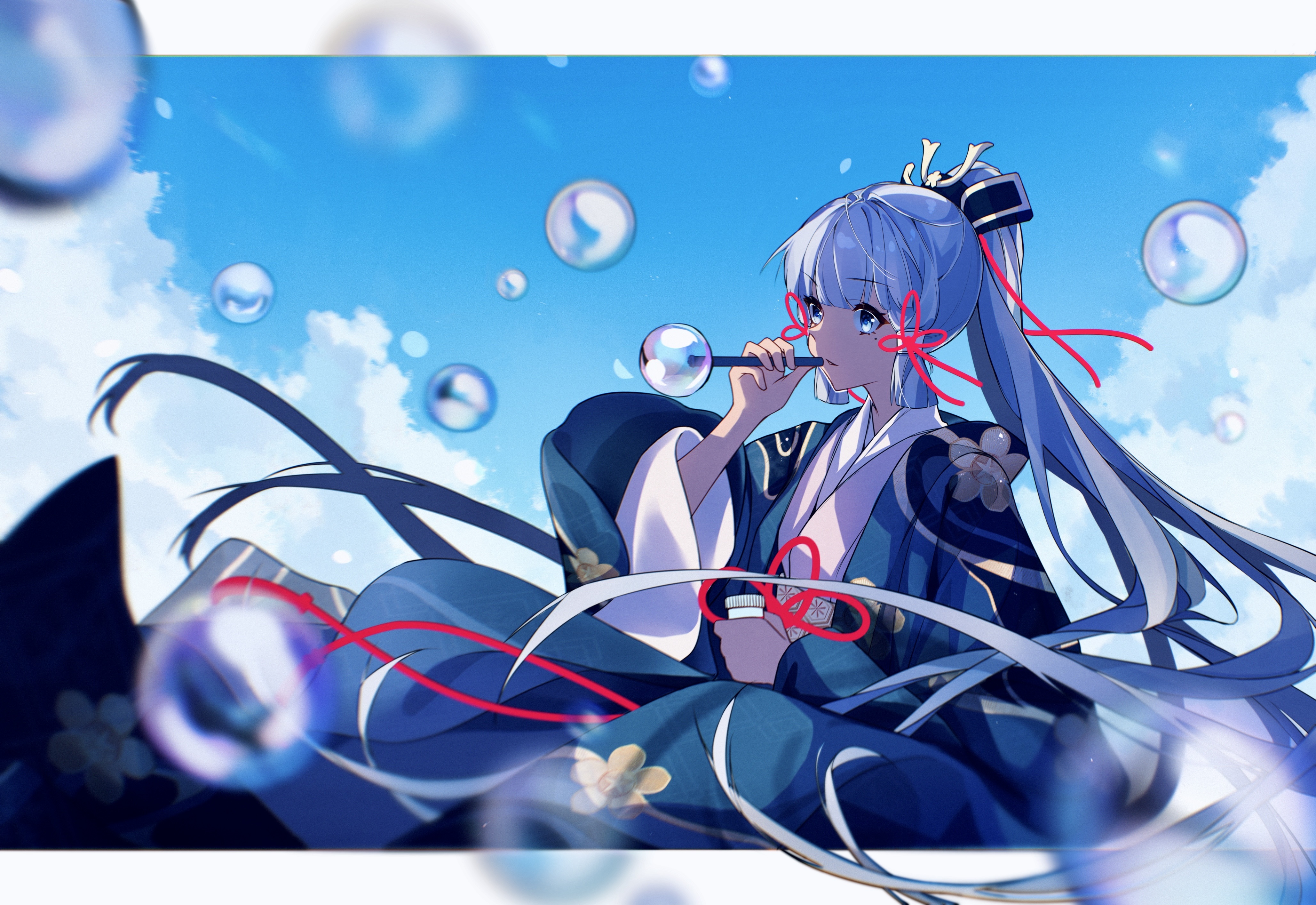 Kamisato Ayaka from Genshin Impact blowing bubbles HD Wallpaper